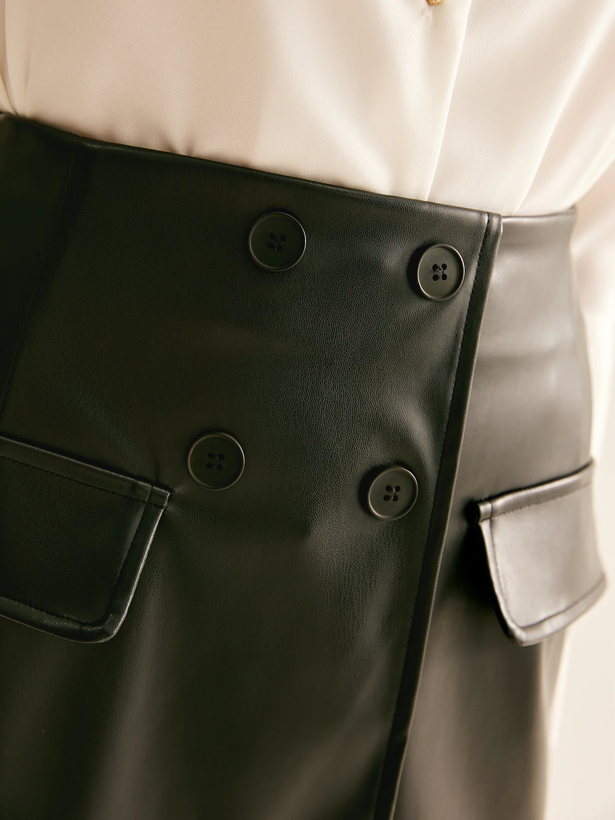Asymmetrical Button Zipper PU Skirt - Image 3