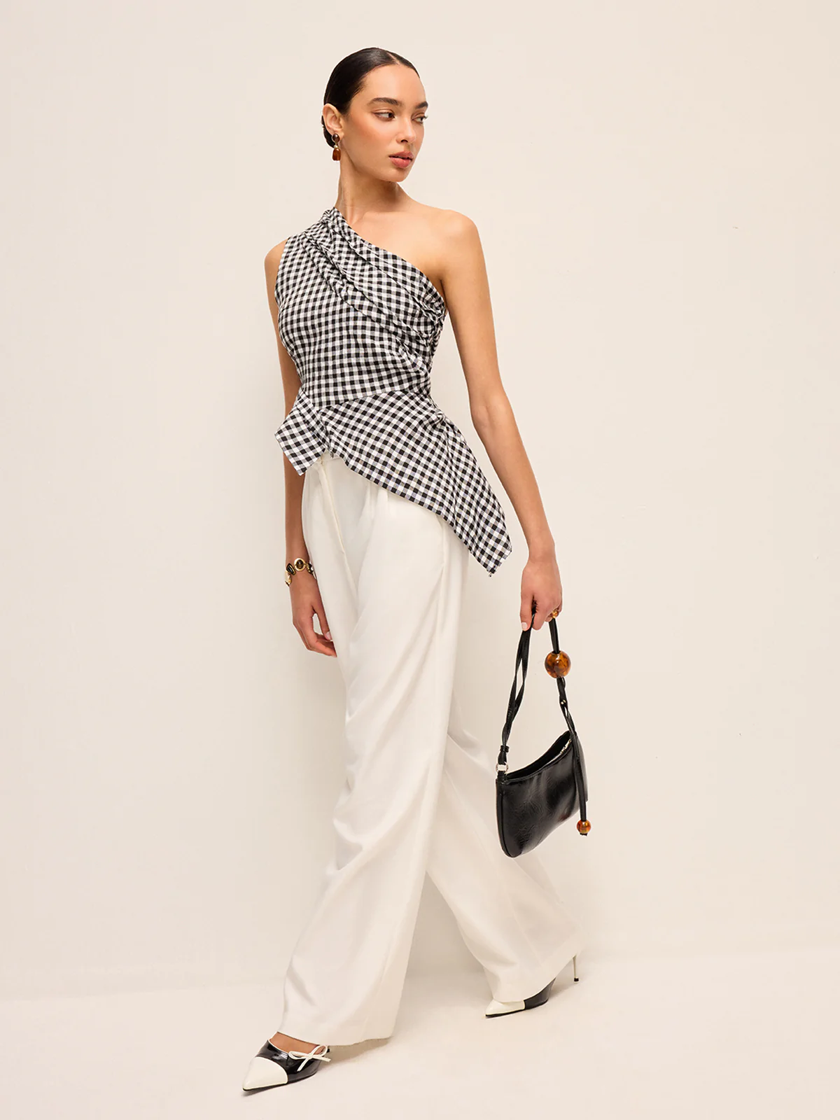 Asymmetrical Checkered One-Shoulder Tank Top - Image 4