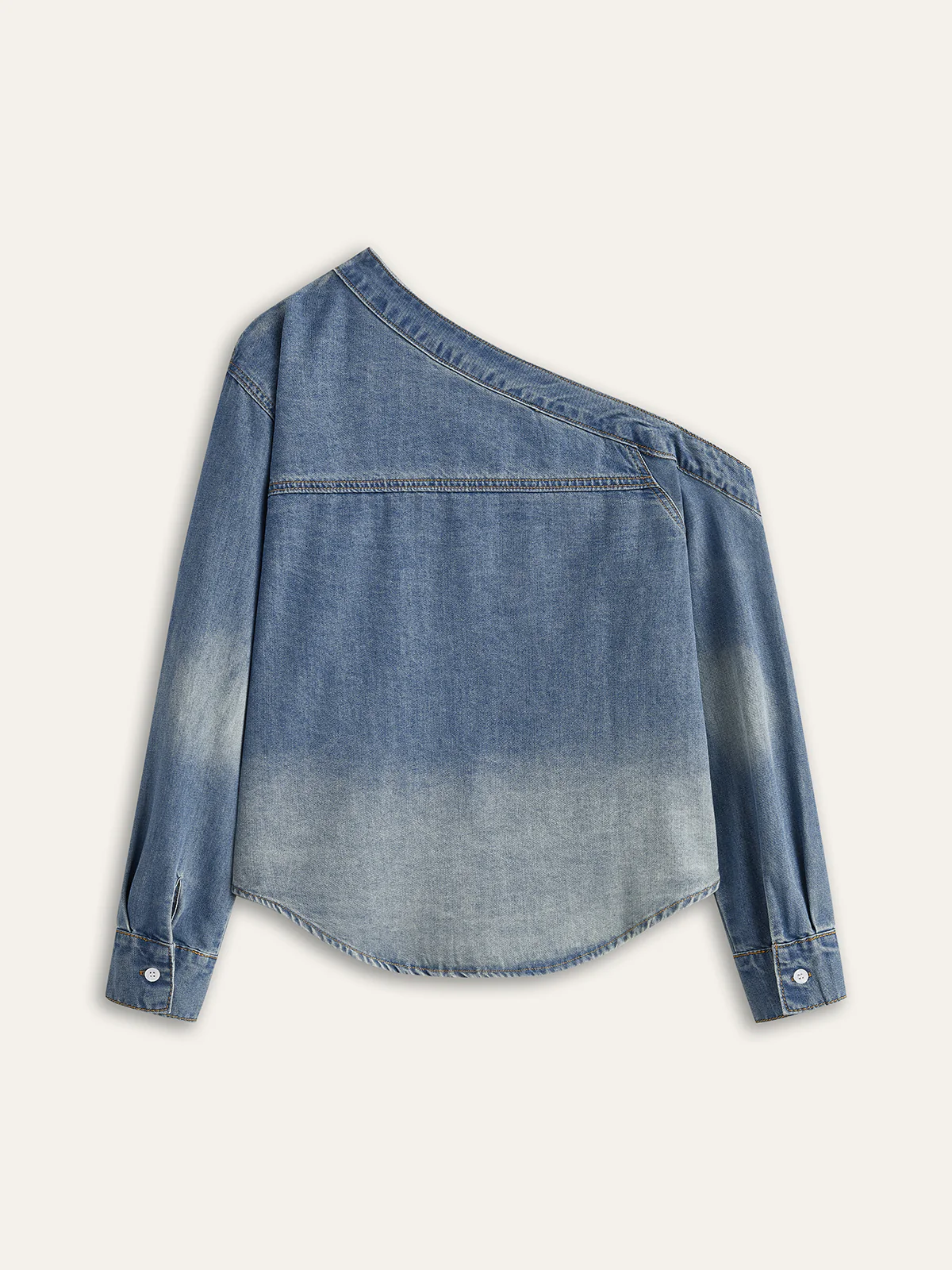 Asymmetrical Collar Denim Crop Shirt - Image 2