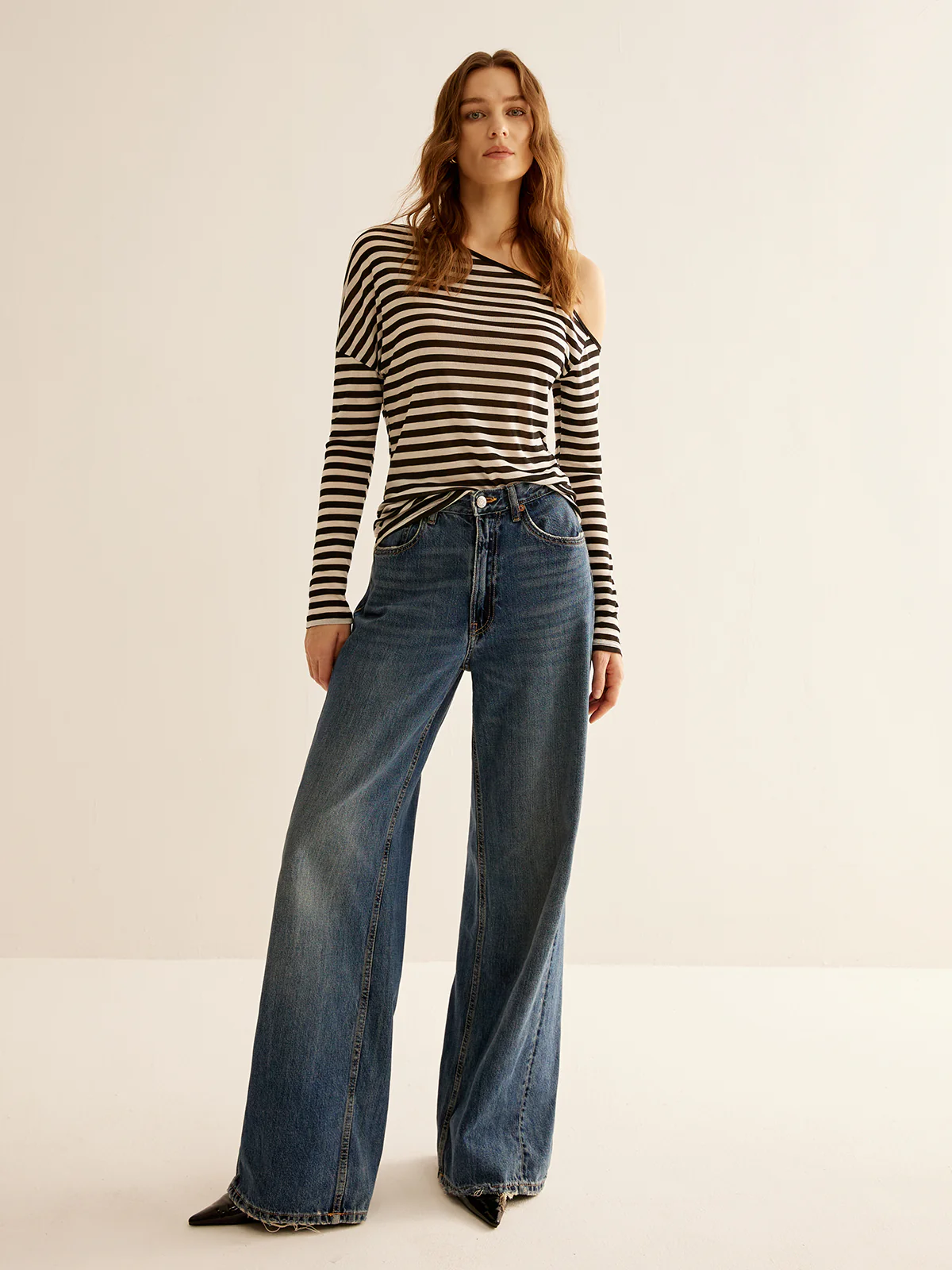 Asymmetrical Collar Striped T-Shirt - Image 2