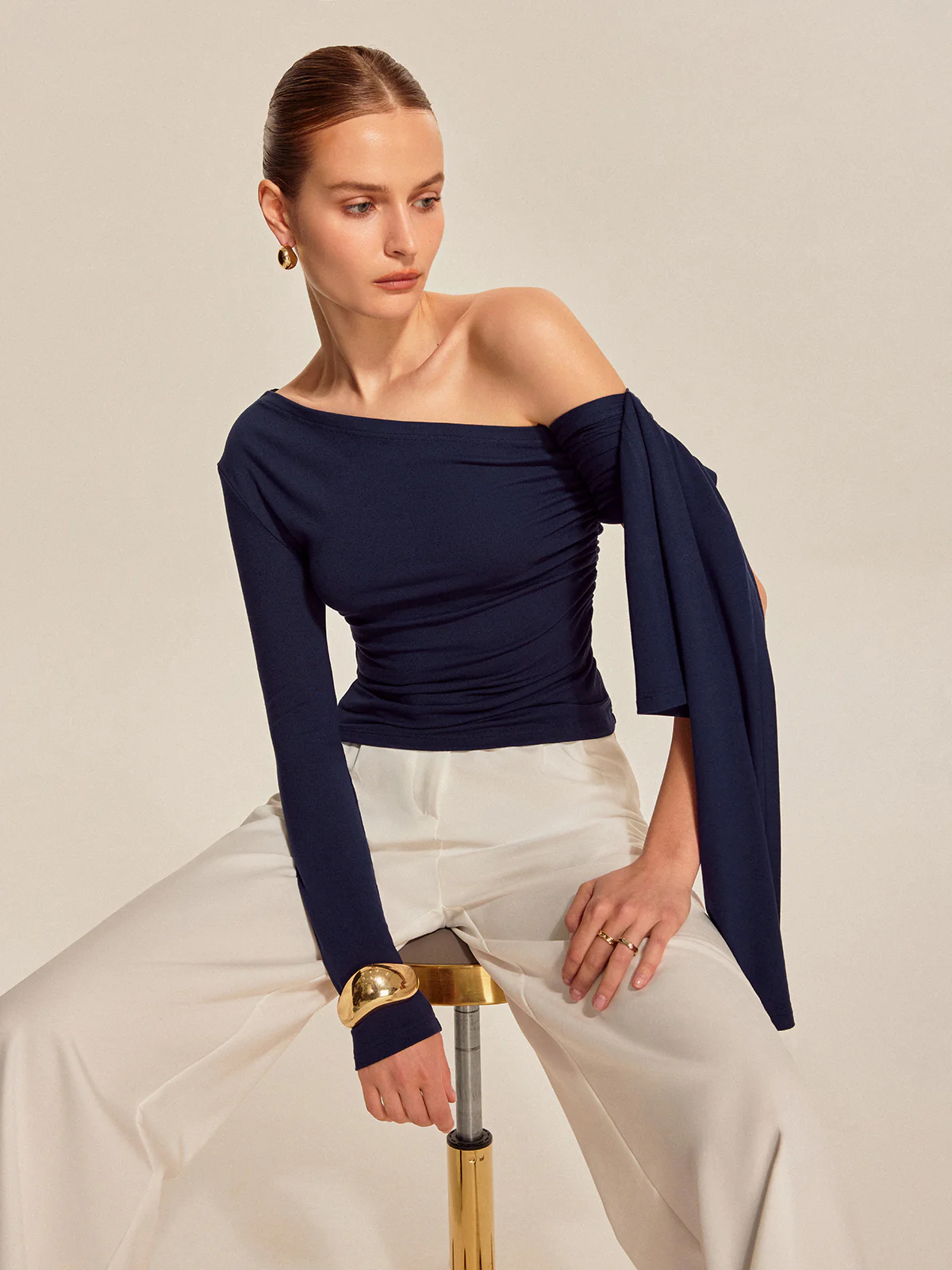 Asymmetrical Draped Sleeve Top - Image 4