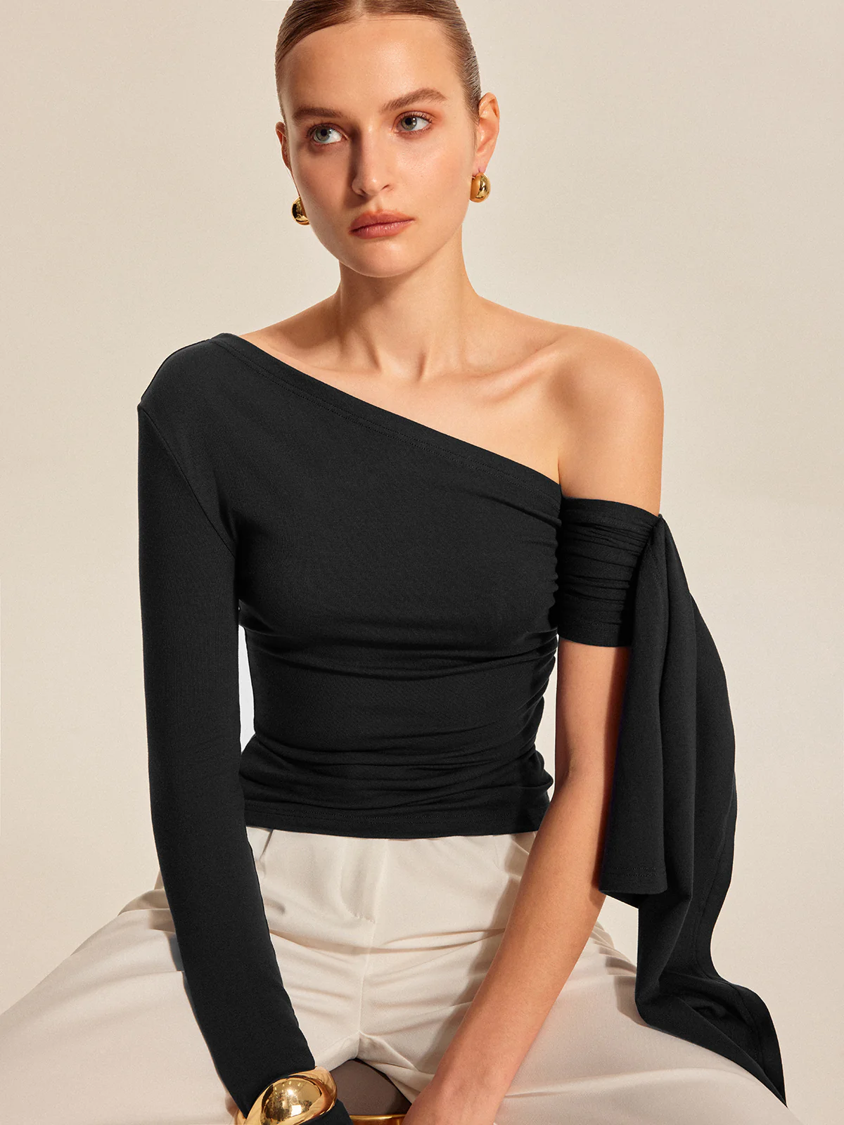 Asymmetrical Draped Sleeve Top - Image 7