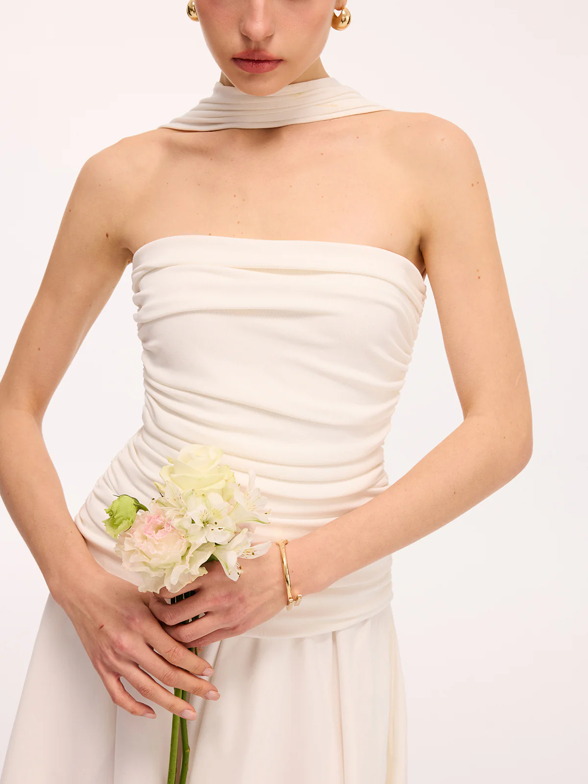 Asymmetrical Hem Ruched Halter Midi Dress - Image 3