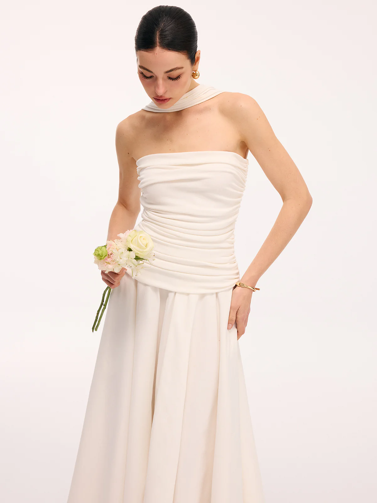 Asymmetrical Hem Ruched Halter Midi Dress - Image 5