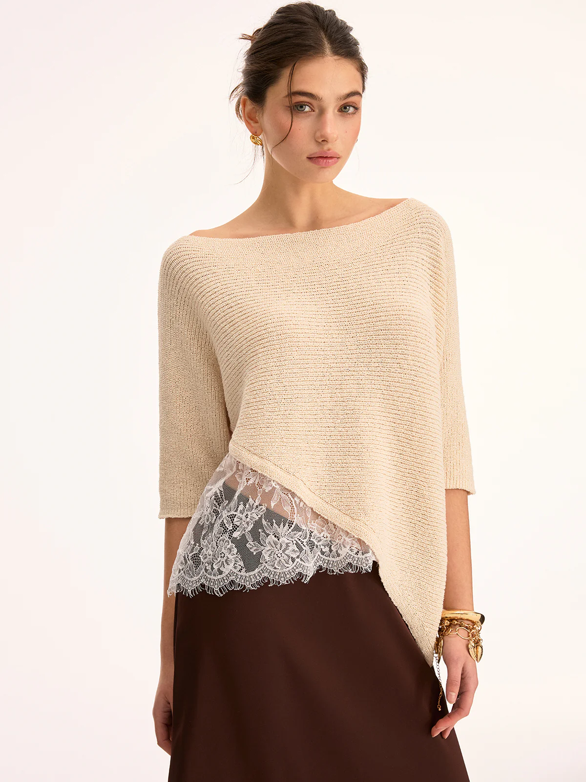 Asymmetrical Lace Trim Boat Neck Knit Top