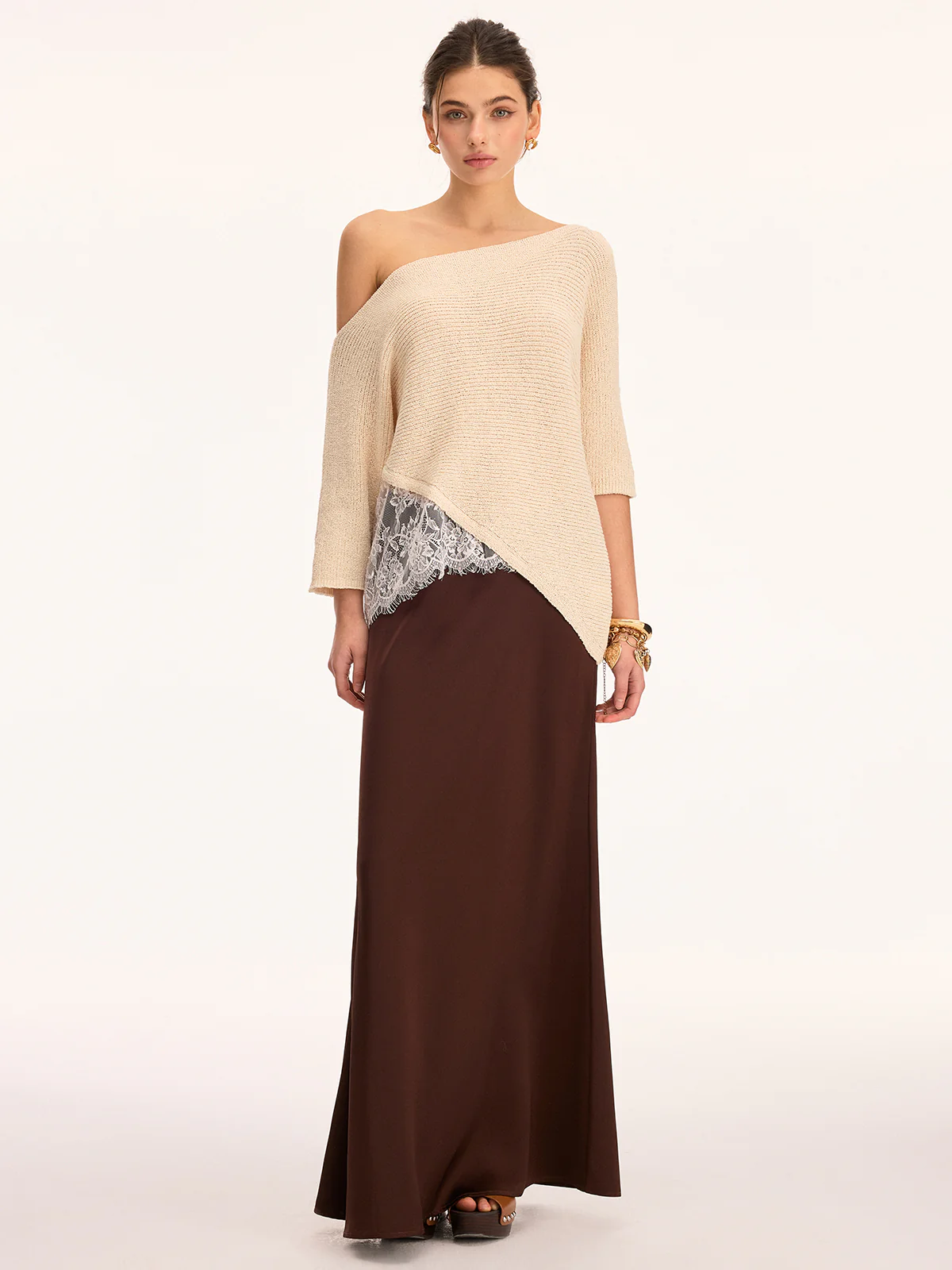 Asymmetrical Lace Trim Boat Neck Knit Top - Image 6