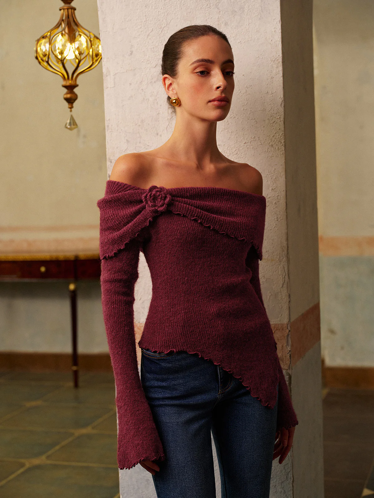 Asymmetrical Lettuce Trim Ruched Floral Knit Top - Image 2