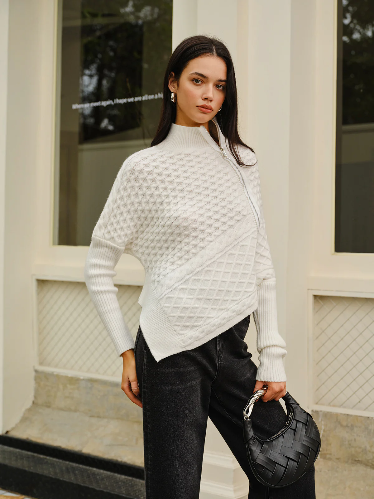 Asymmetrical Mock-Neck Zipper Sweater - Image 3