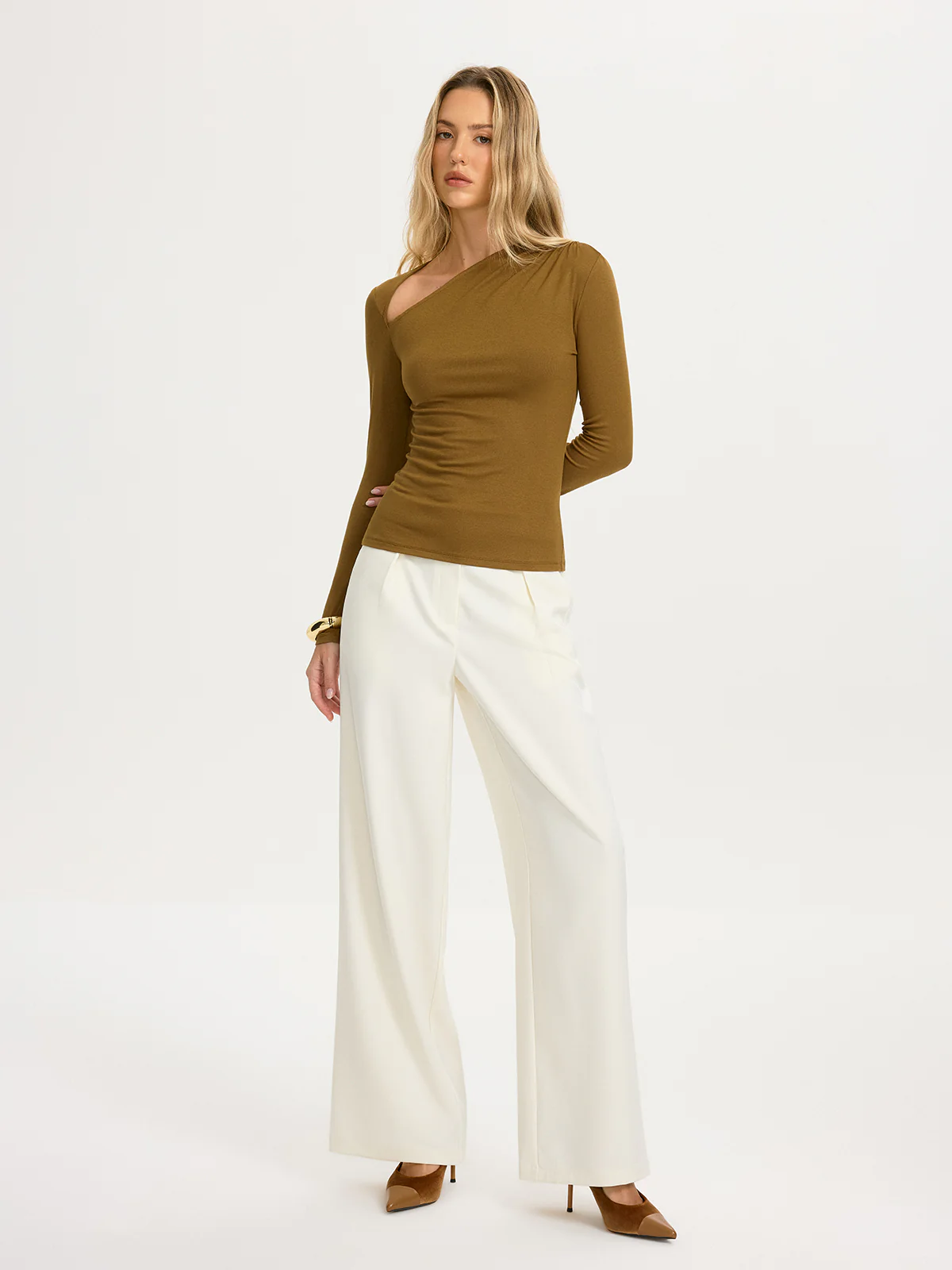 Asymmetrical Neck Long-Sleeve Knit Top - Image 2