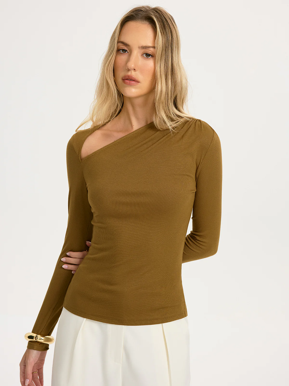 Asymmetrical Neck Long-Sleeve Knit Top - Image 4