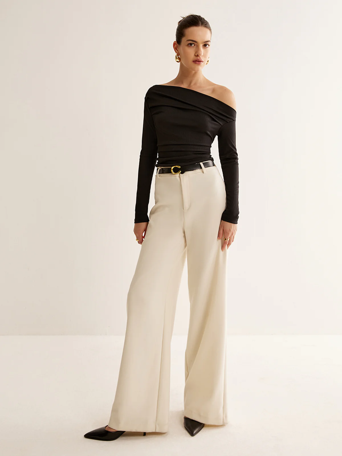 Asymmetrical Neck Pleated Long Sleeve Top - Image 5