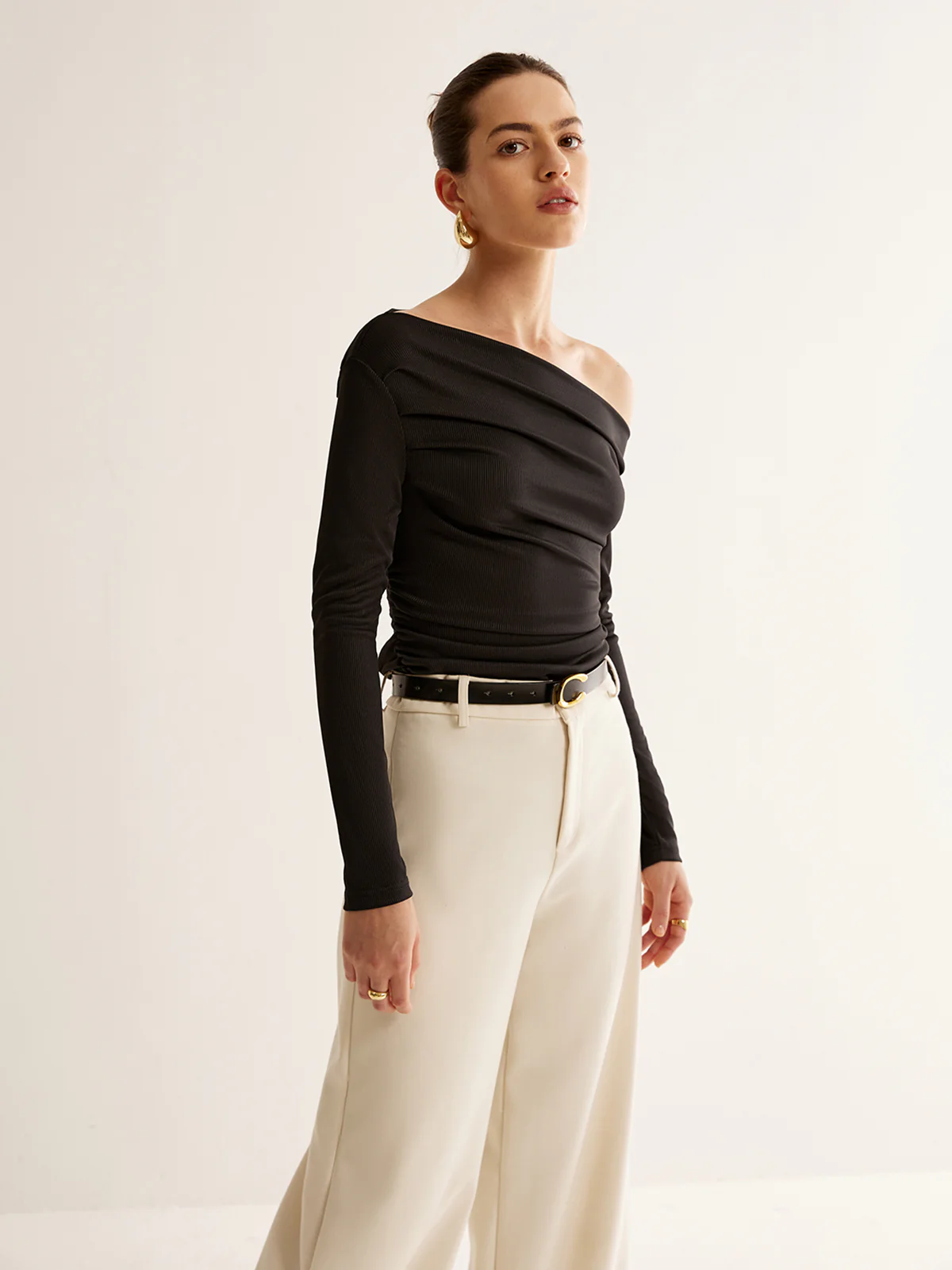 Asymmetrical Neck Pleated Long Sleeve Top - Image 6