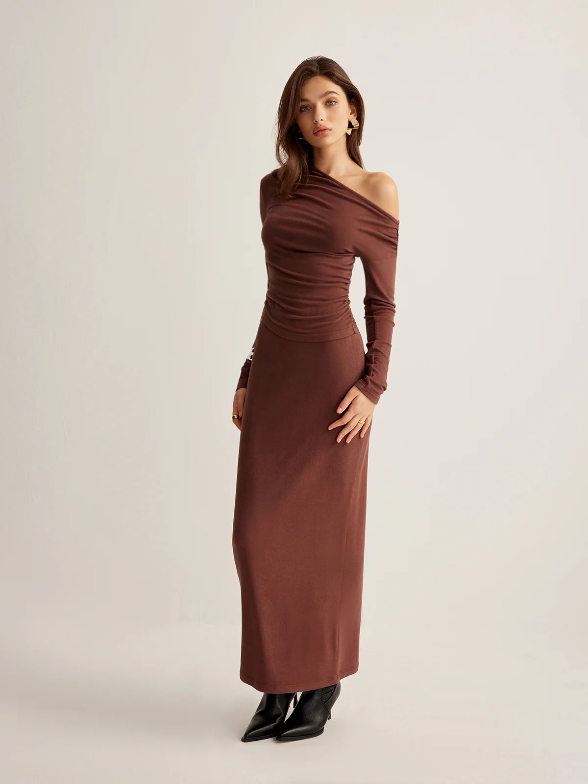 Asymmetrical Neck Slim Jersey Skirt Set - Image 4