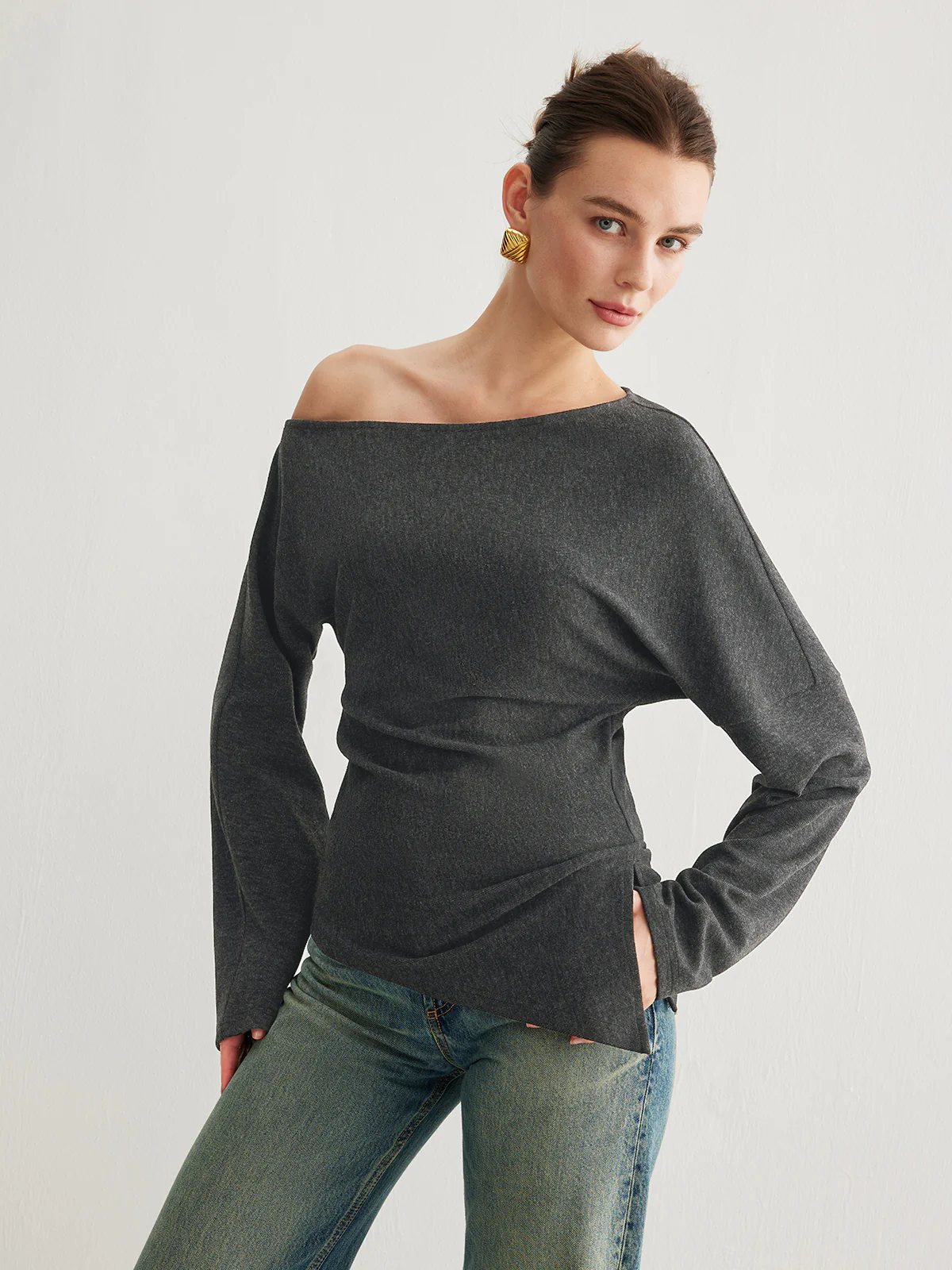 Asymmetrical Neck Slit Cinched Top - Image 3