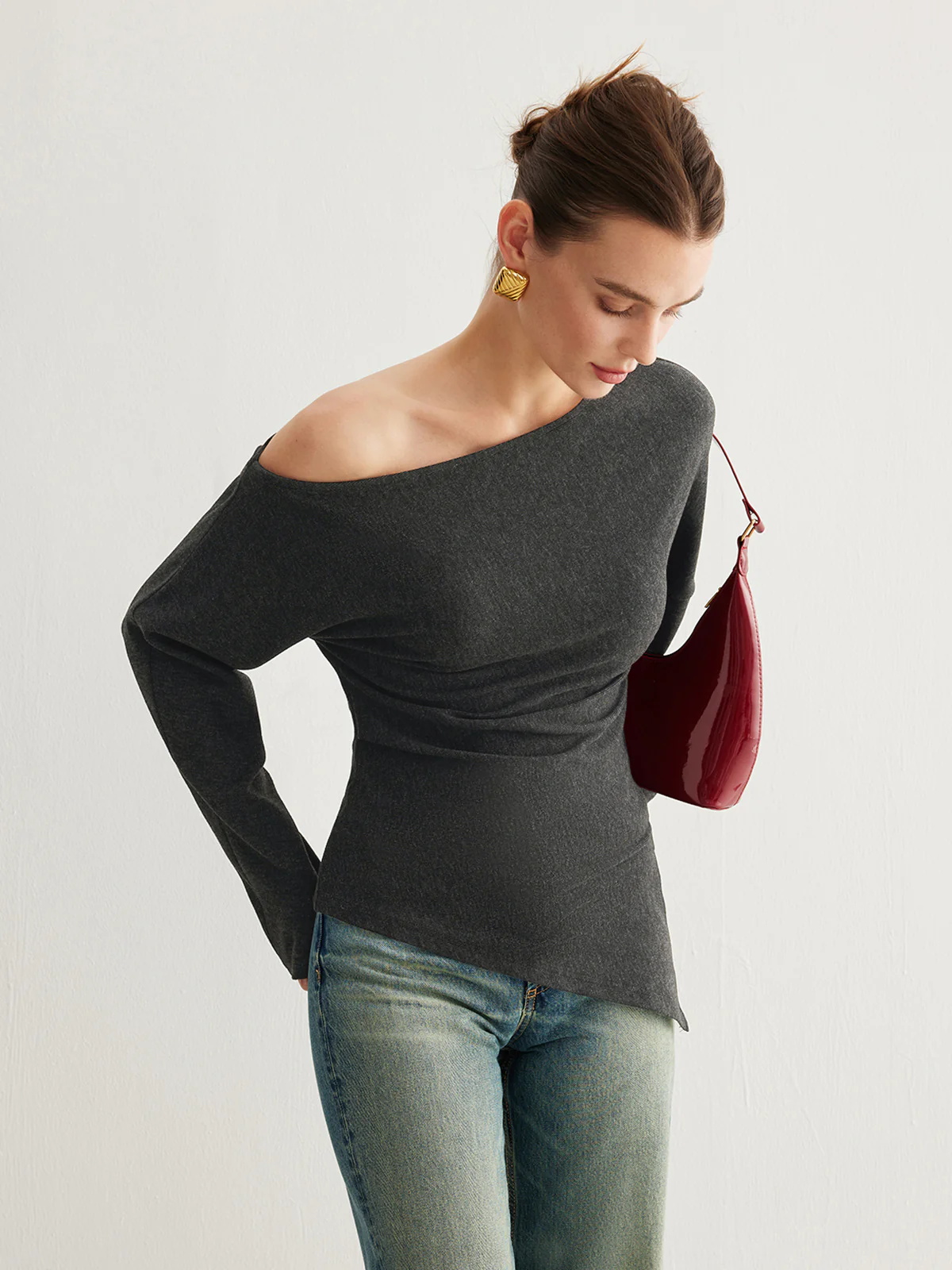 Asymmetrical Neck Slit Cinched Top - Image 4