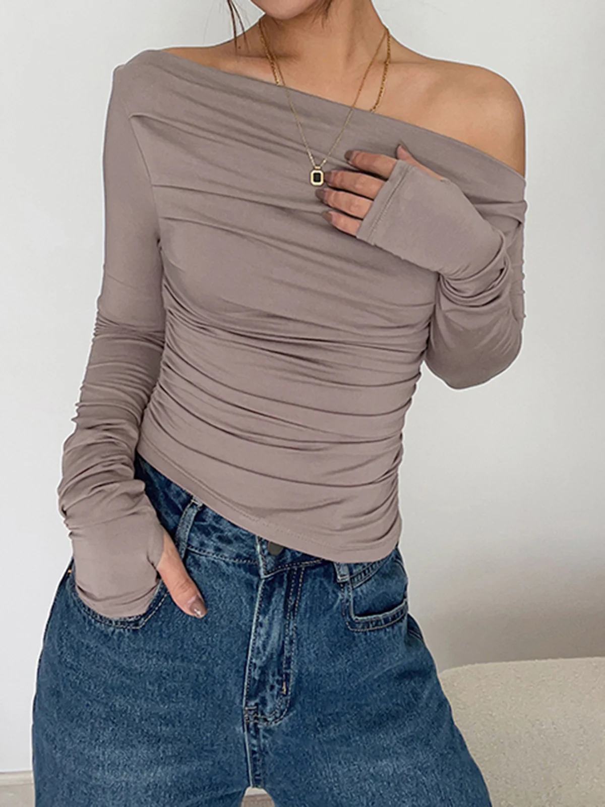 Asymmetrical Off Shoulder Long Sleeve Shirt - Image 3