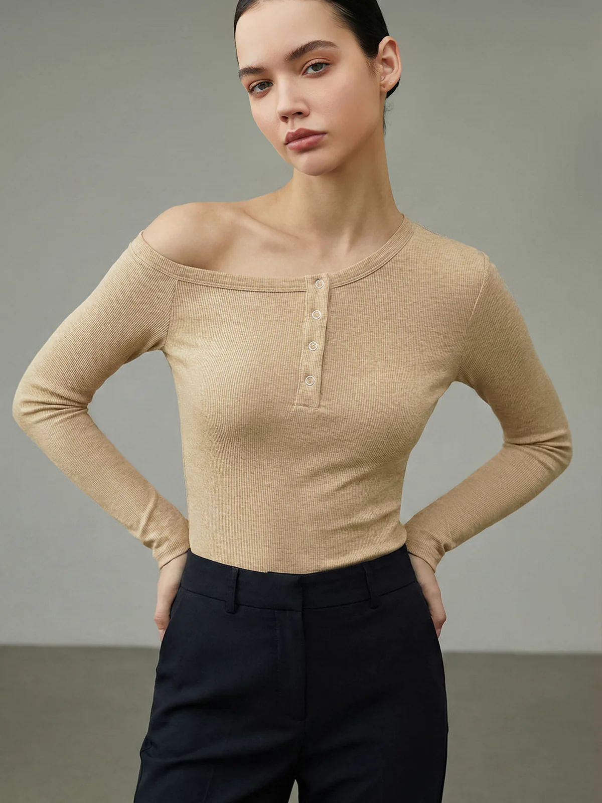 Asymmetrical Off-Shoulder Rib Knit Henley Top - Image 3