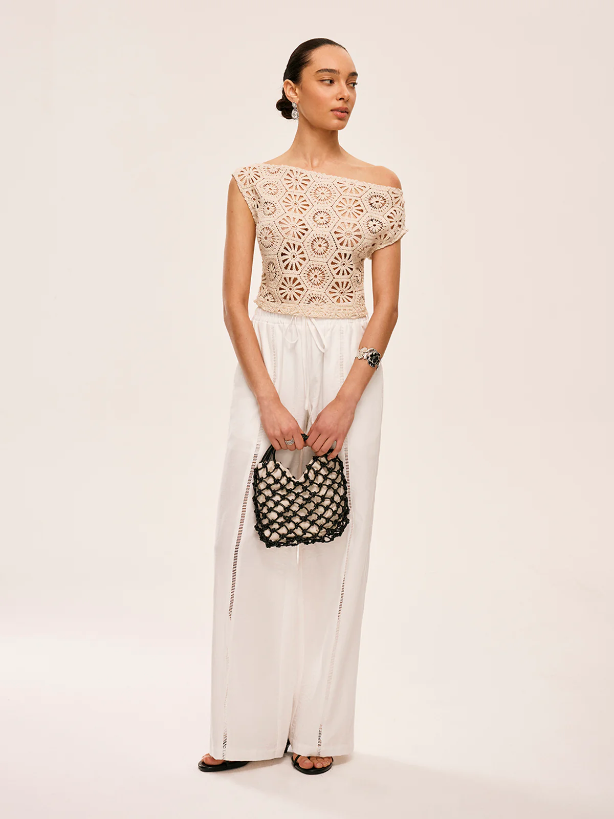 Asymmetrical Off-Shoulder Semi-Sheer Crochet Top - Image 2