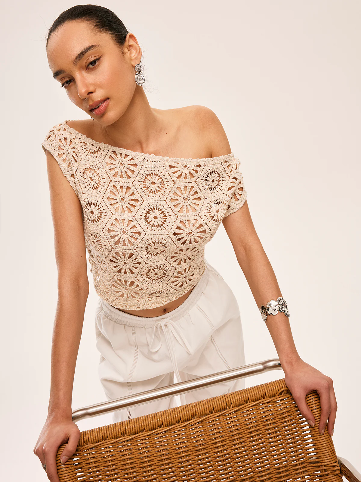 Asymmetrical Off-Shoulder Semi-Sheer Crochet Top - Image 3