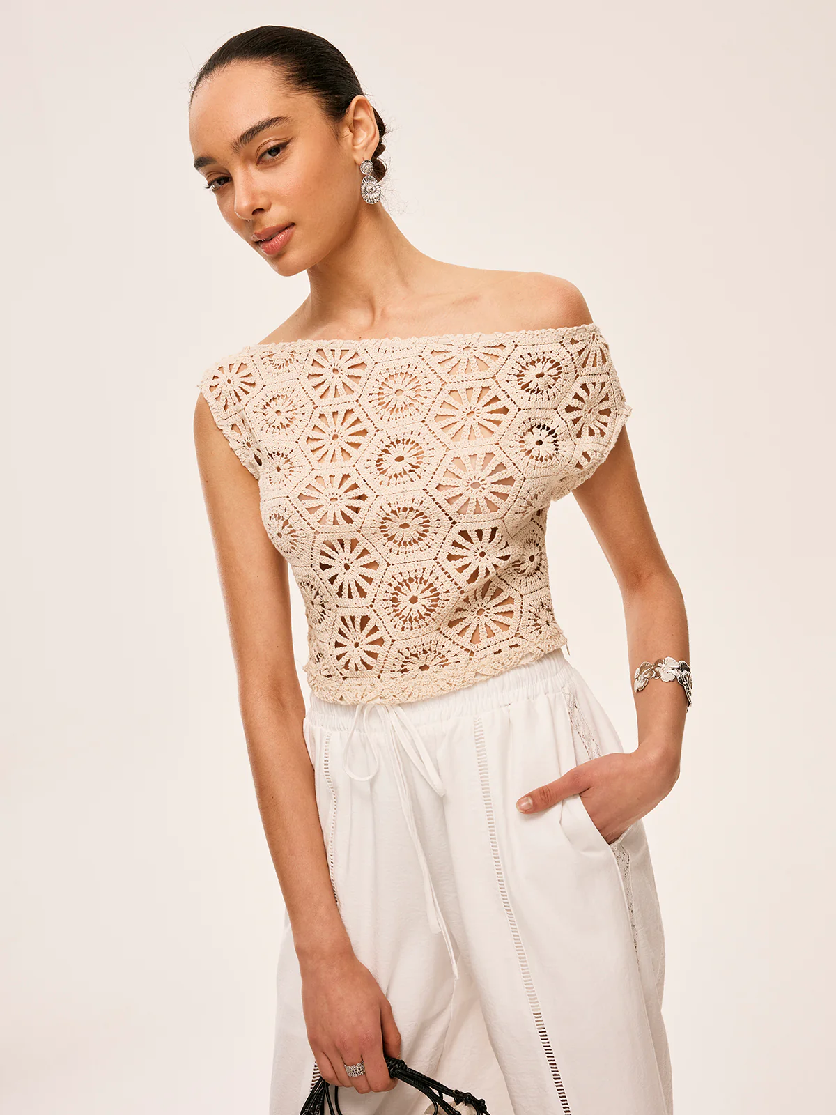 Asymmetrical Off-Shoulder Semi-Sheer Crochet Top - Image 4
