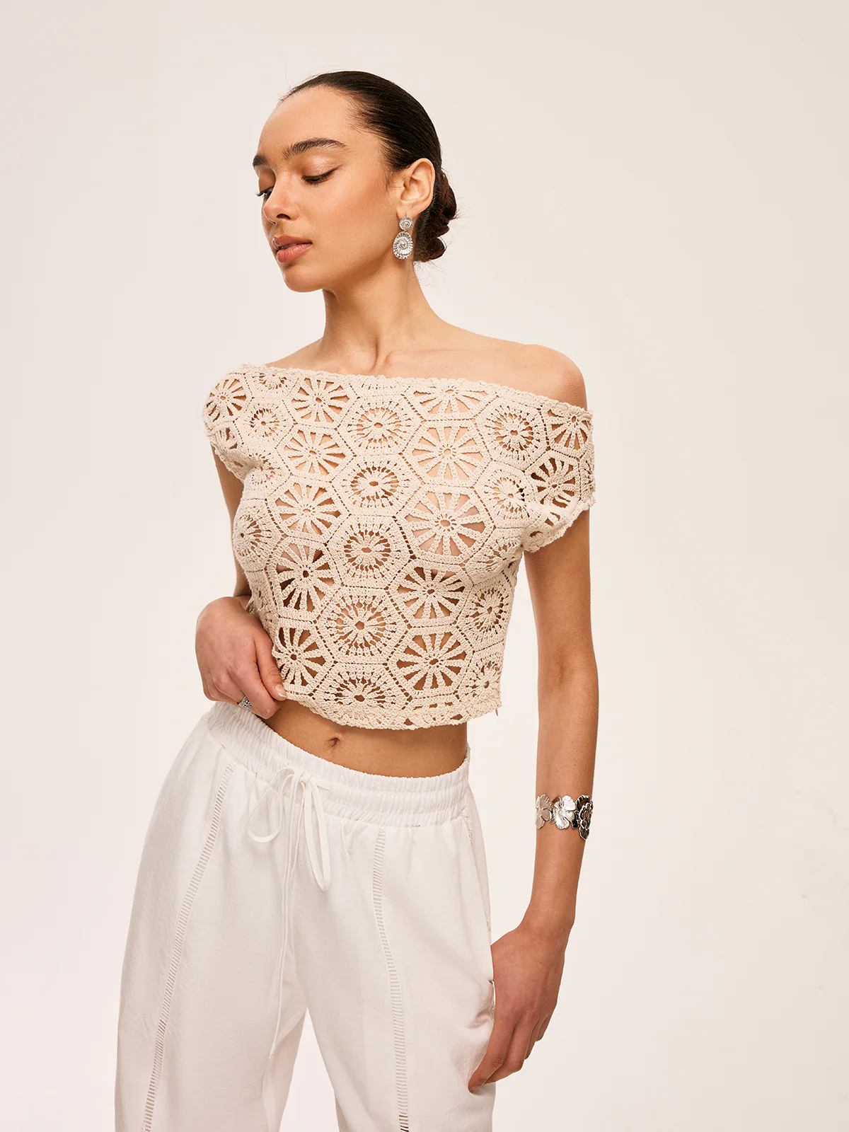 Asymmetrical Off-Shoulder Semi-Sheer Crochet Top - Image 5