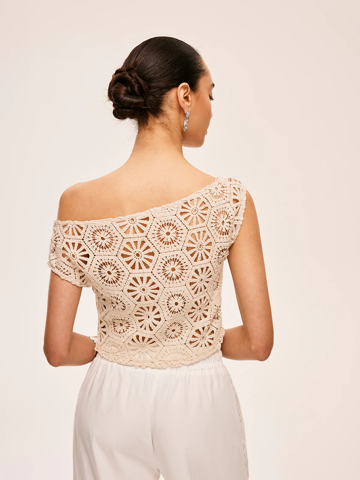 Asymmetrical Off-Shoulder Semi-Sheer Crochet Top - Image 6