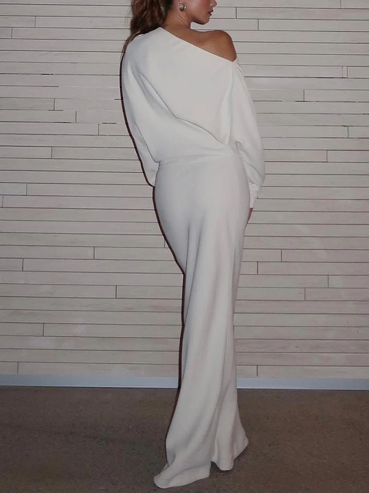 Asymmetrical Off Shoulder Solid Long Sleeve Maxi Dress - Image 5