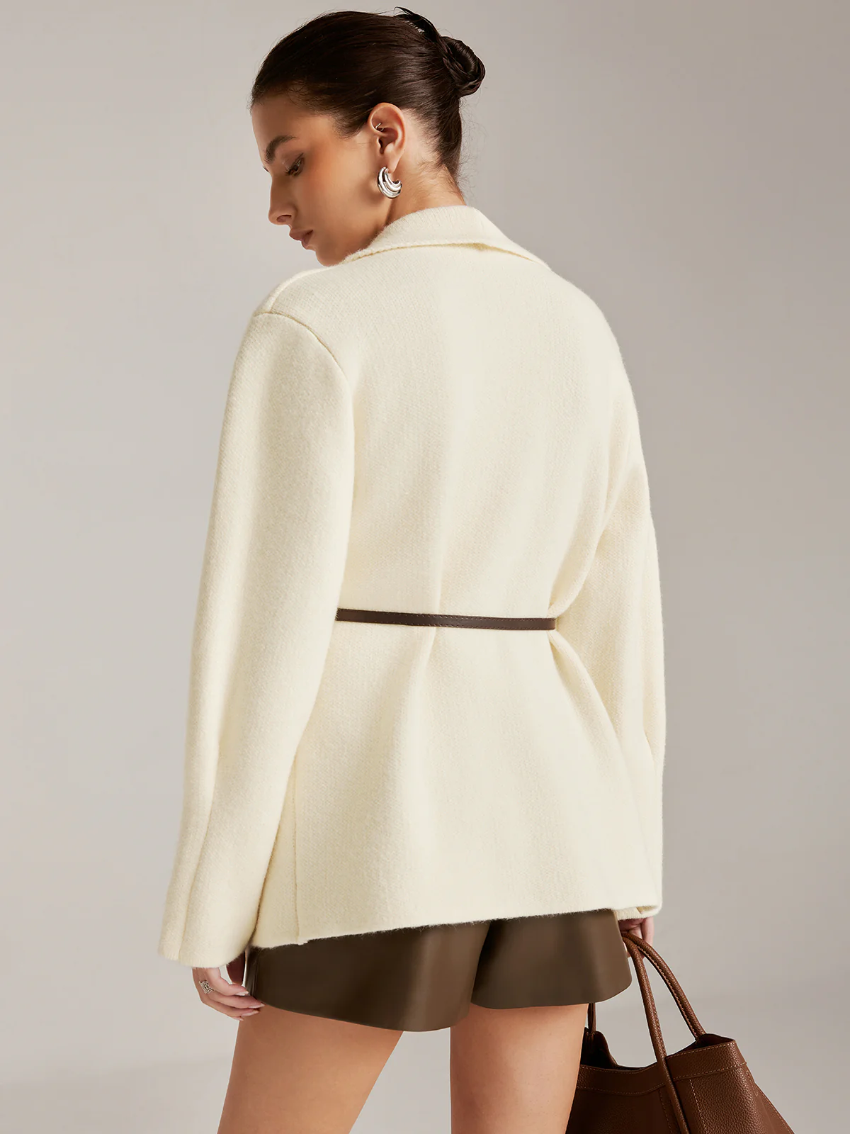 Asymmetrical Plain Belted Knit Outerwear - Image 6