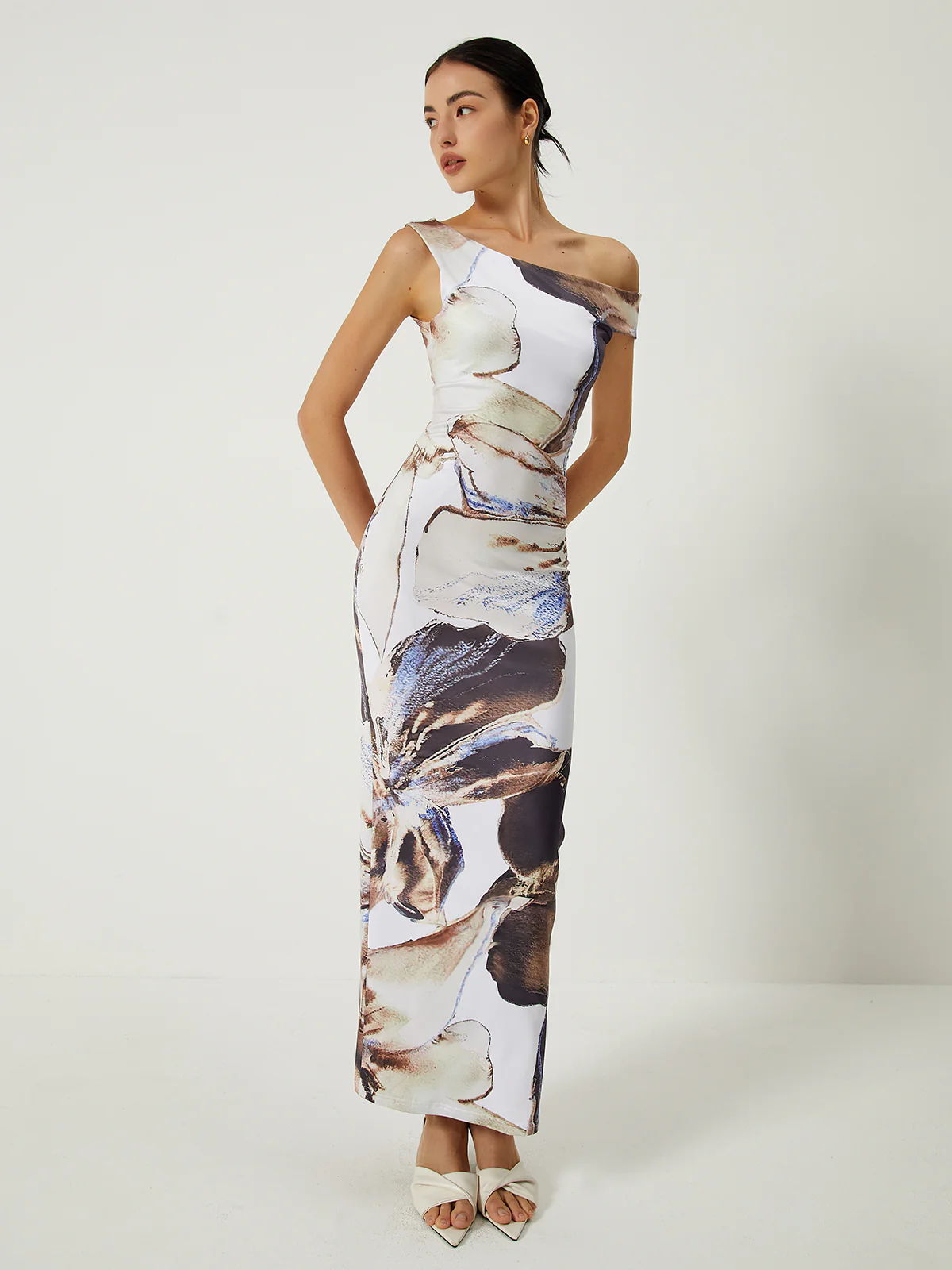 Asymmetrical Printed Off-Shoulder Slim Long Dress - Image 2