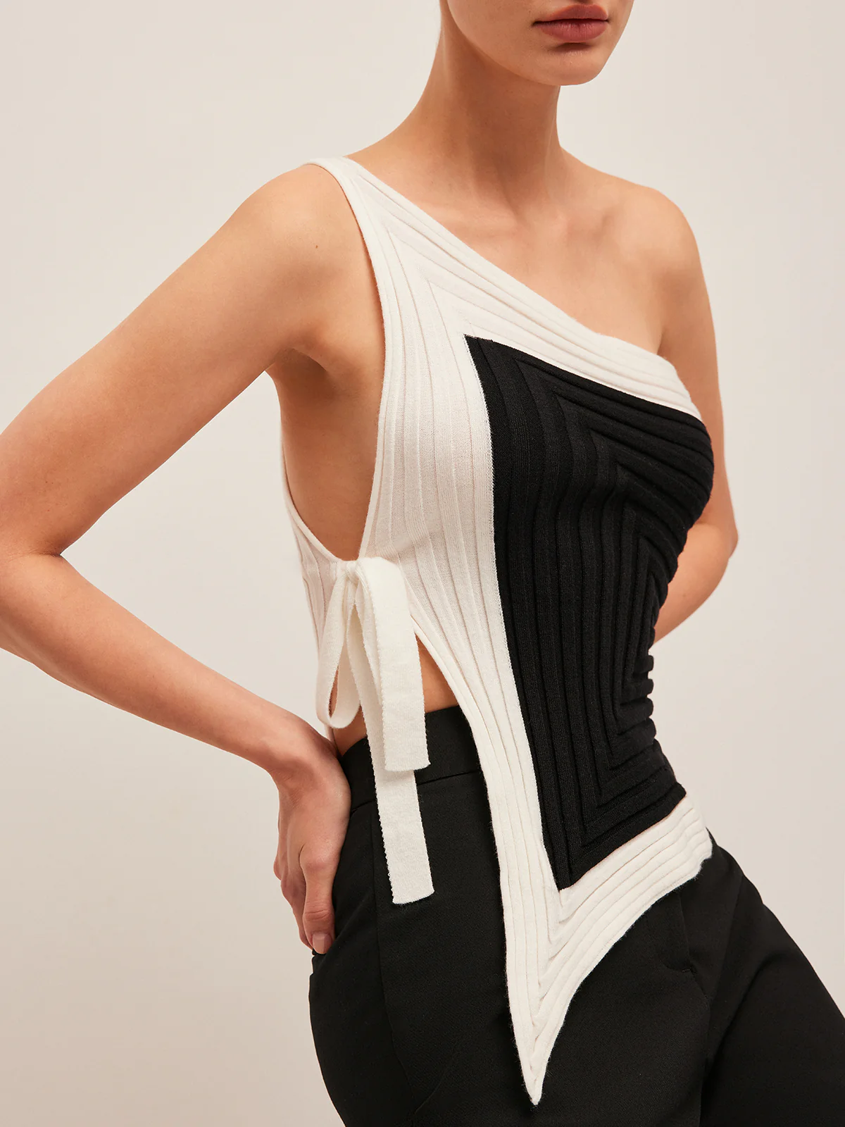 Asymmetrical Ribbed Side Tie Top - Image 2
