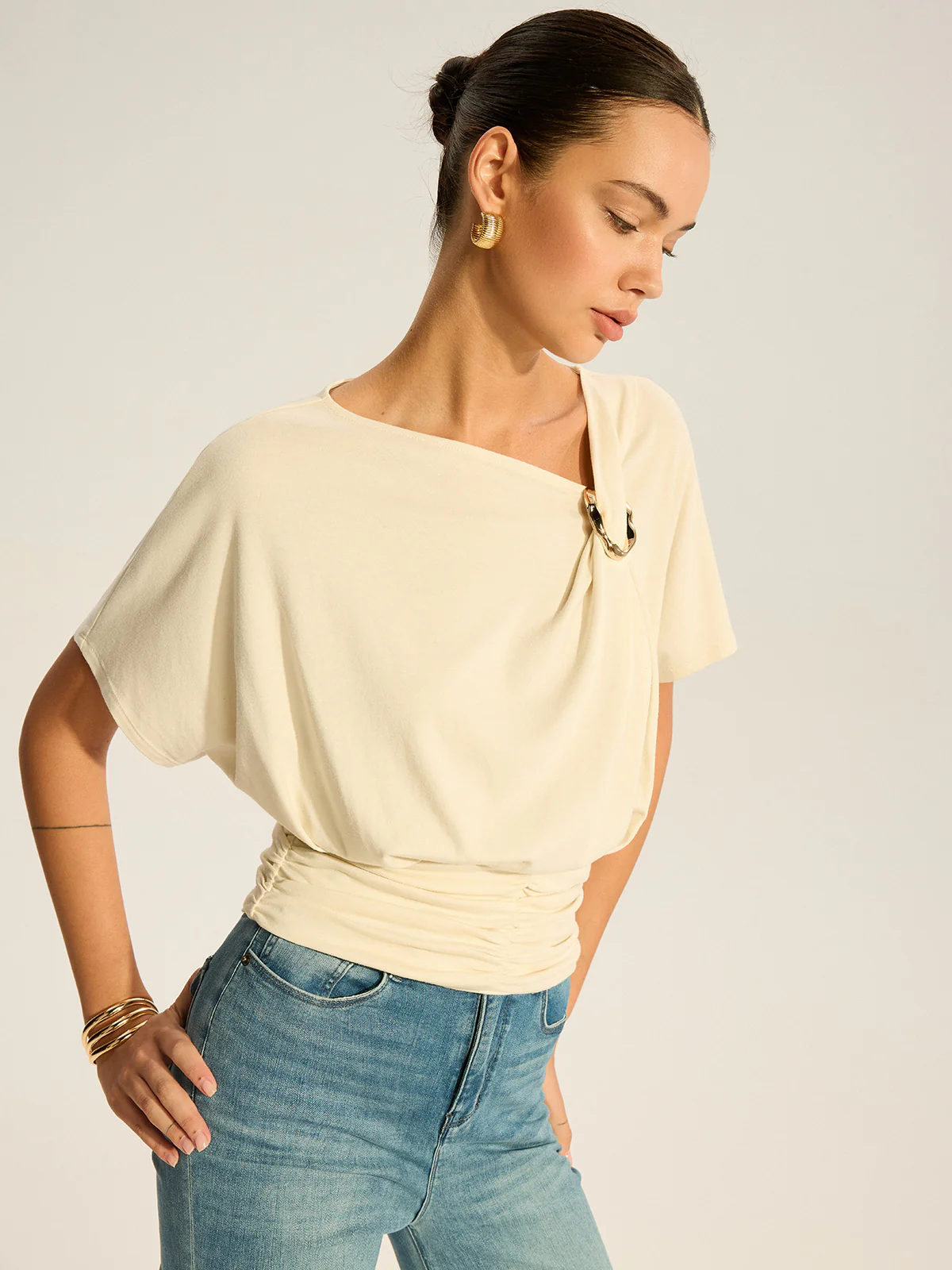 Asymmetrical Ruched Draped Top with Metal Ring Detail - Image 2