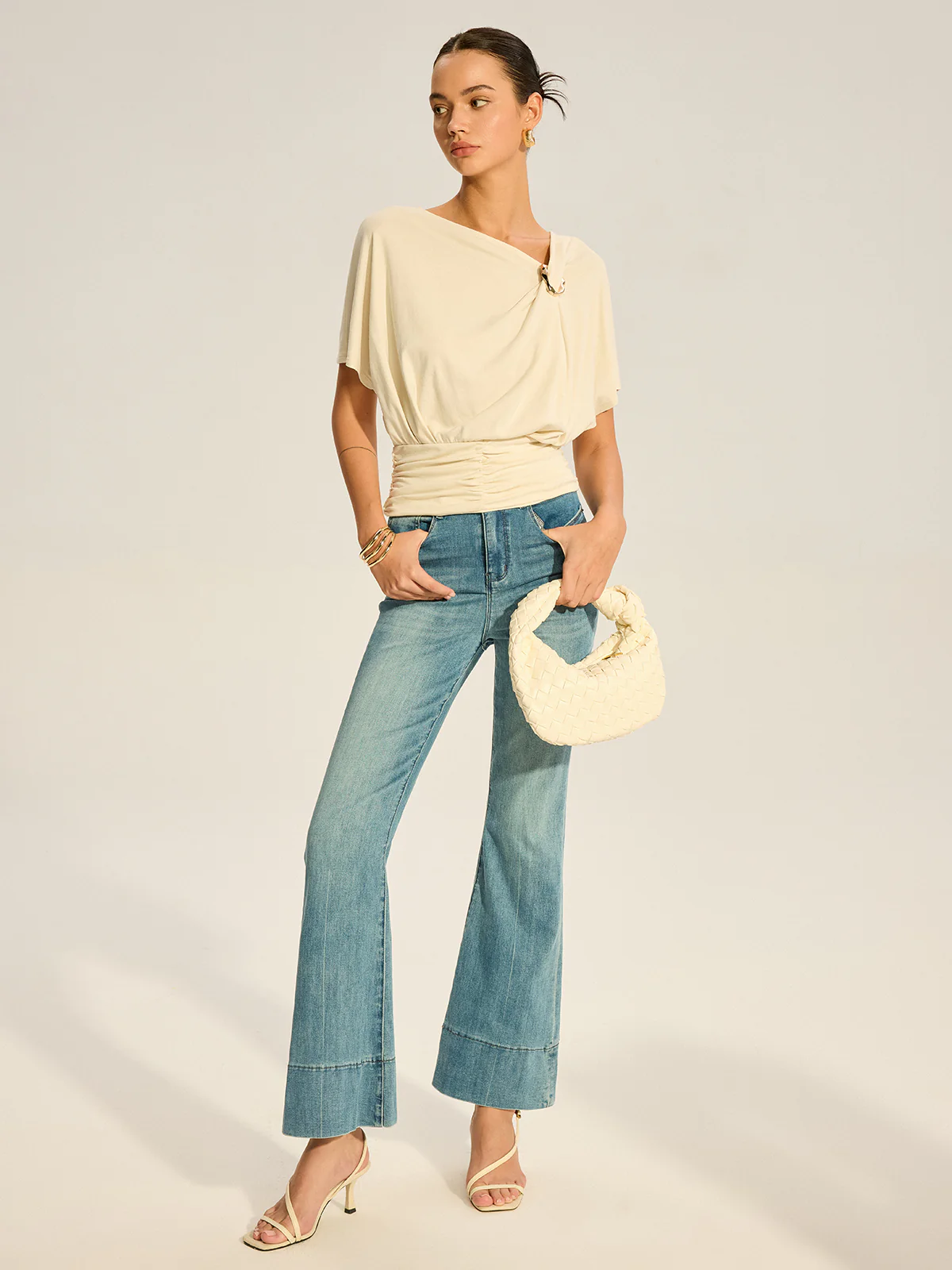 Asymmetrical Ruched Draped Top with Metal Ring Detail - Image 4