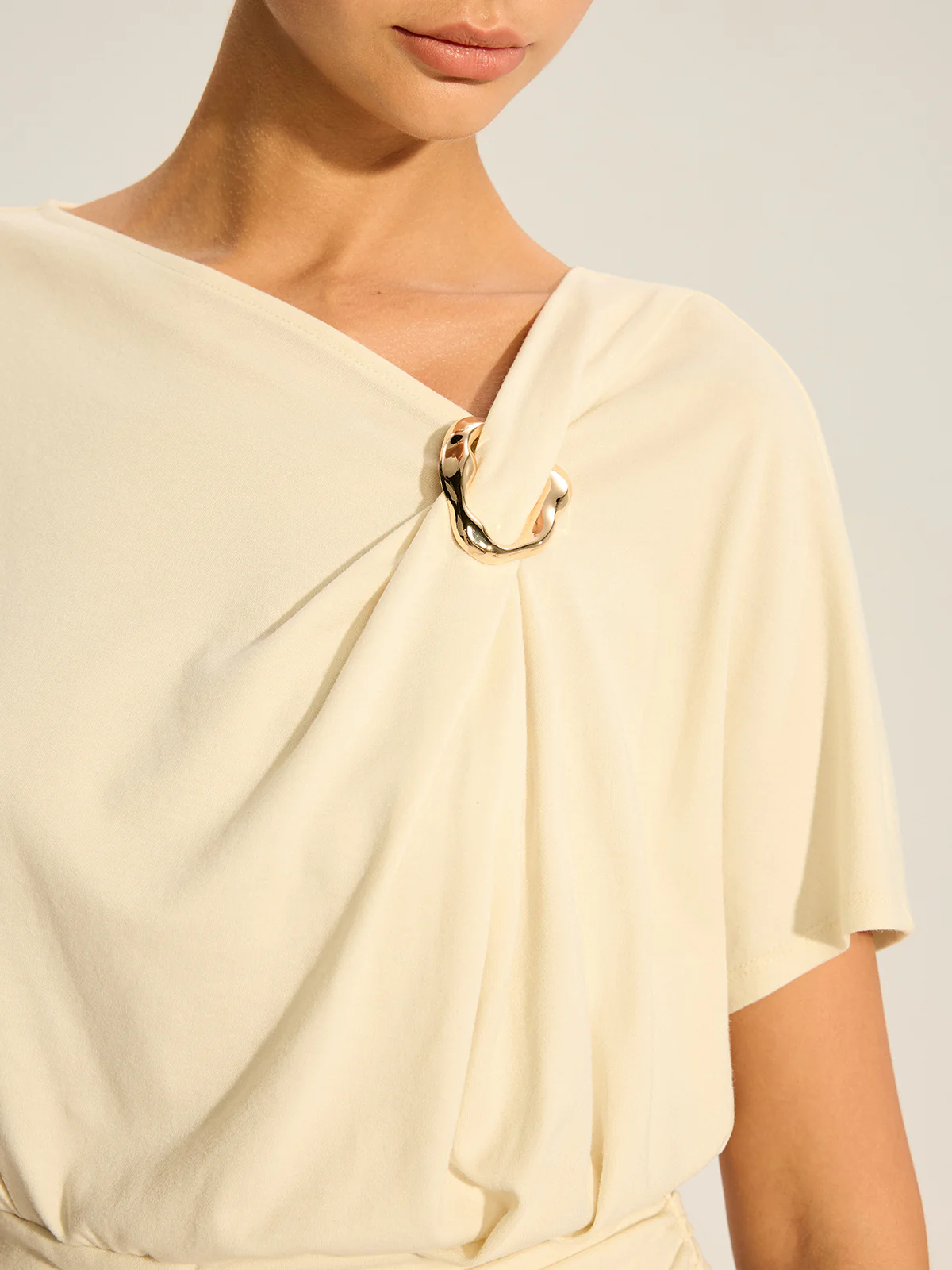 Asymmetrical Ruched Draped Top with Metal Ring Detail - Image 5