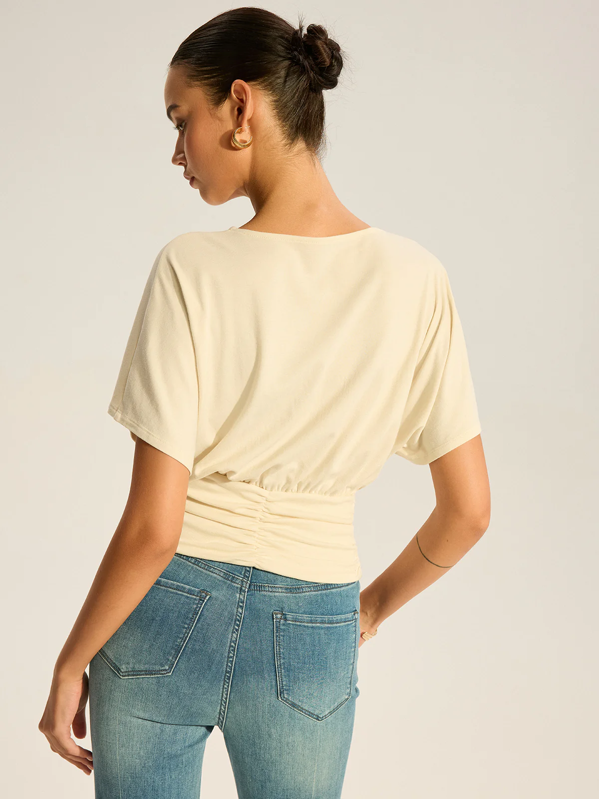 Asymmetrical Ruched Draped Top with Metal Ring Detail - Image 6