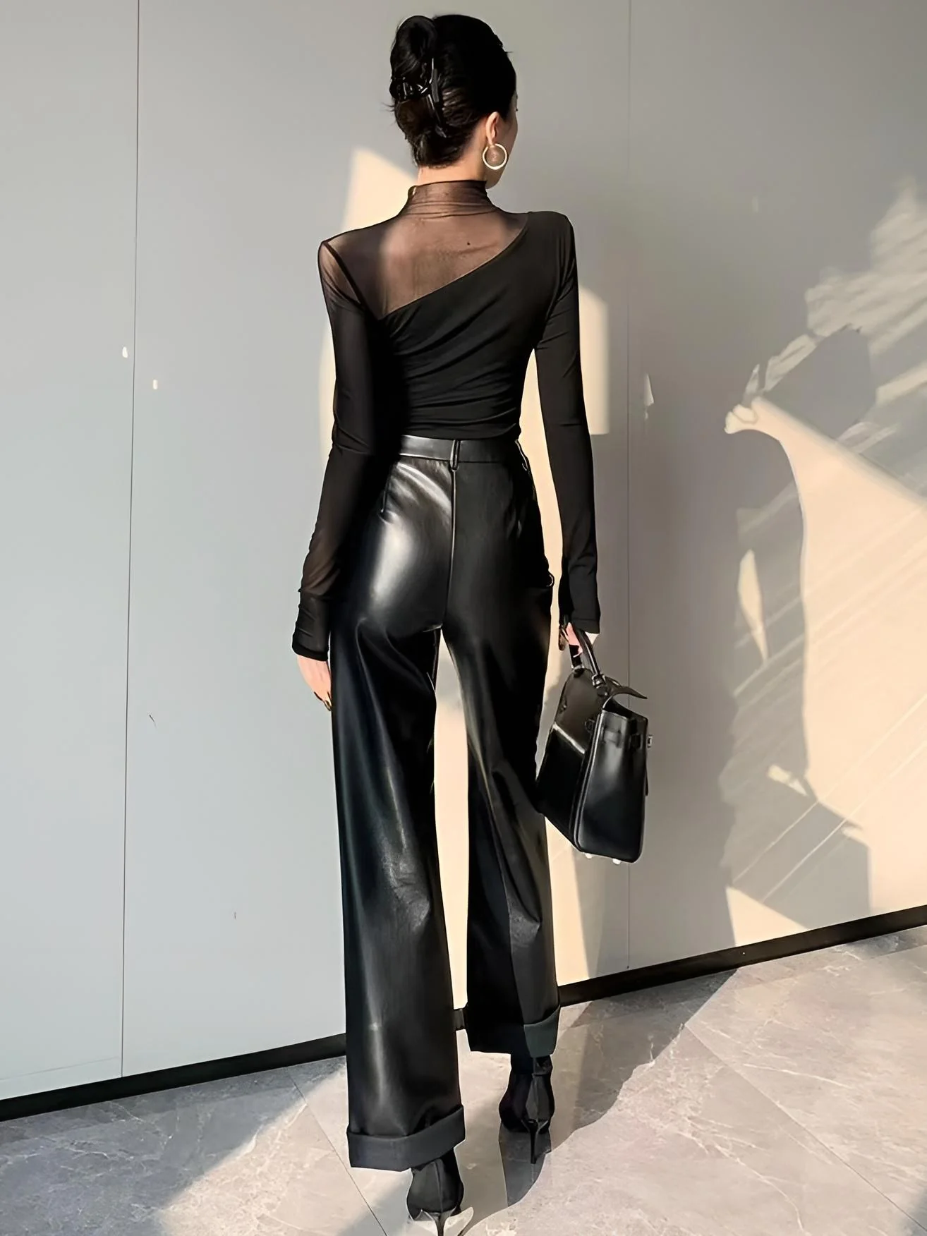 Asymmetrical Sheer Mesh Panel T-Shirt - Image 5