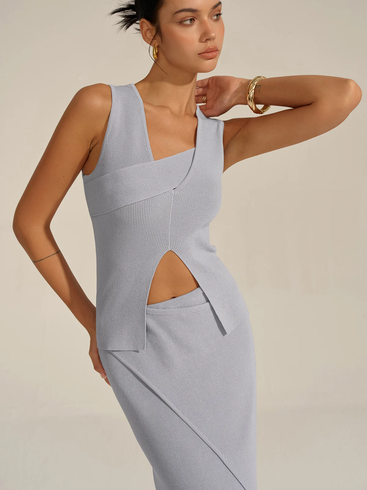 Asymmetrical Slit Knit Skirt Set - Image 3