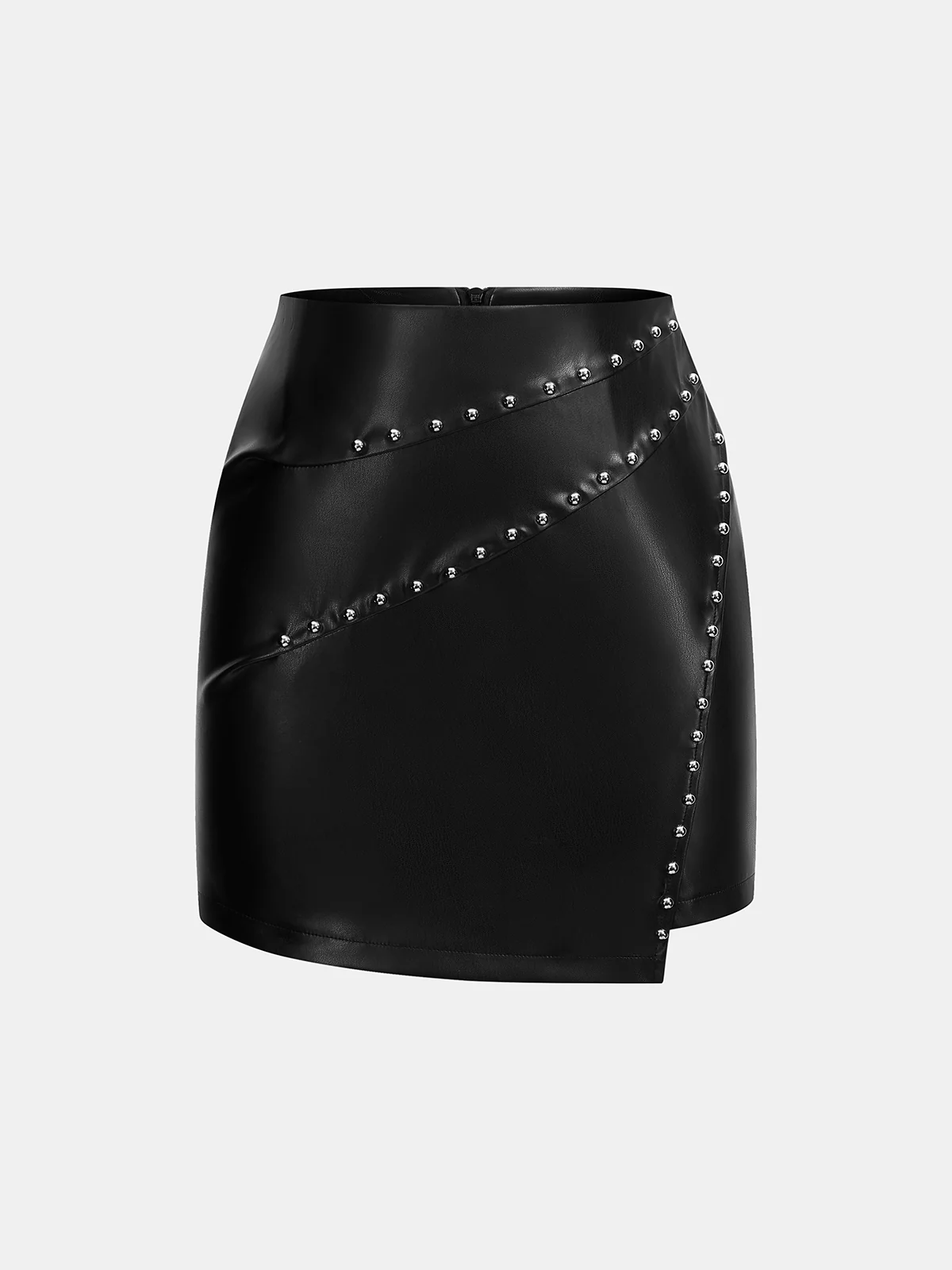 Asymmetrical Stud Faux Leather Mini Skirt - Image 2