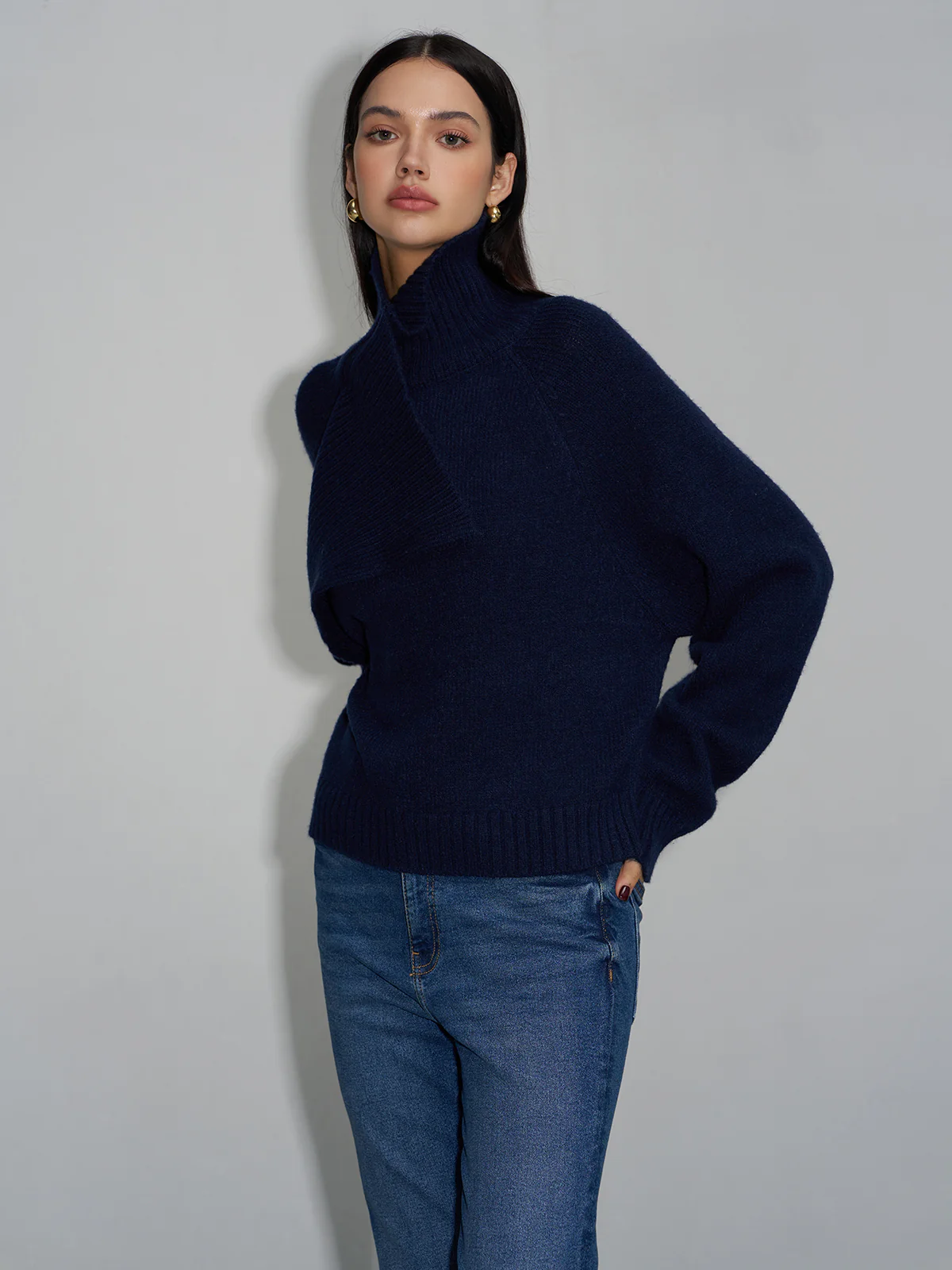 Asymmetrical Turtleneck Plain Sweater - Image 2