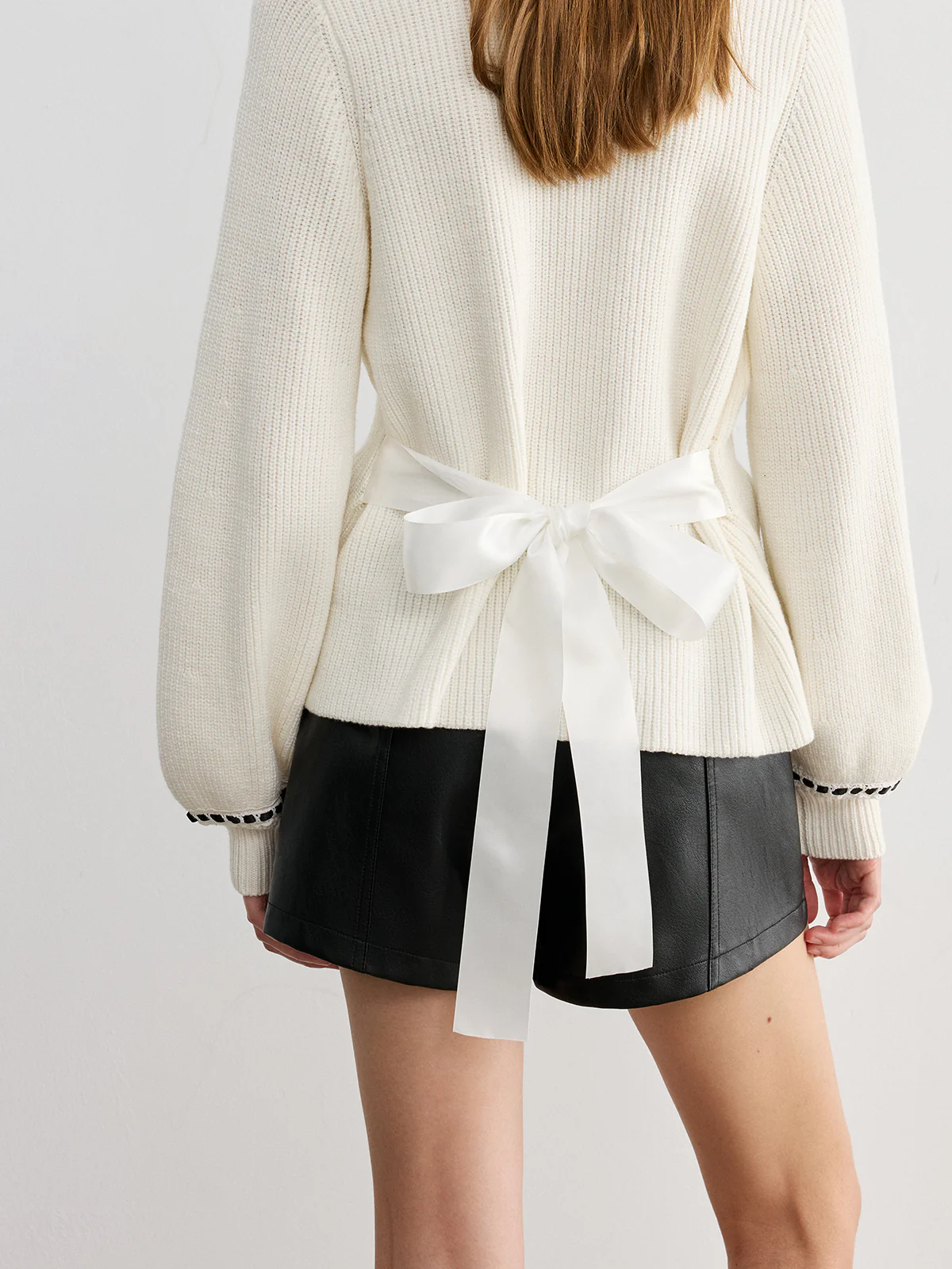 Back Bow Contrast Trim Collared Cardigan - Image 6