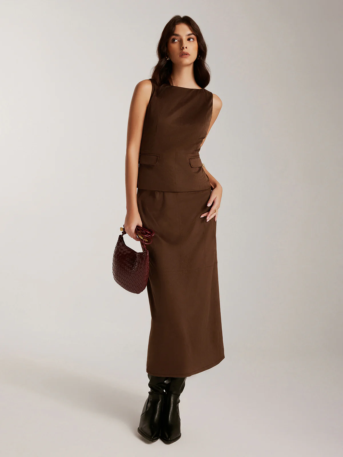 Back-Split Suede Effect Zipper Skirt - Image 2