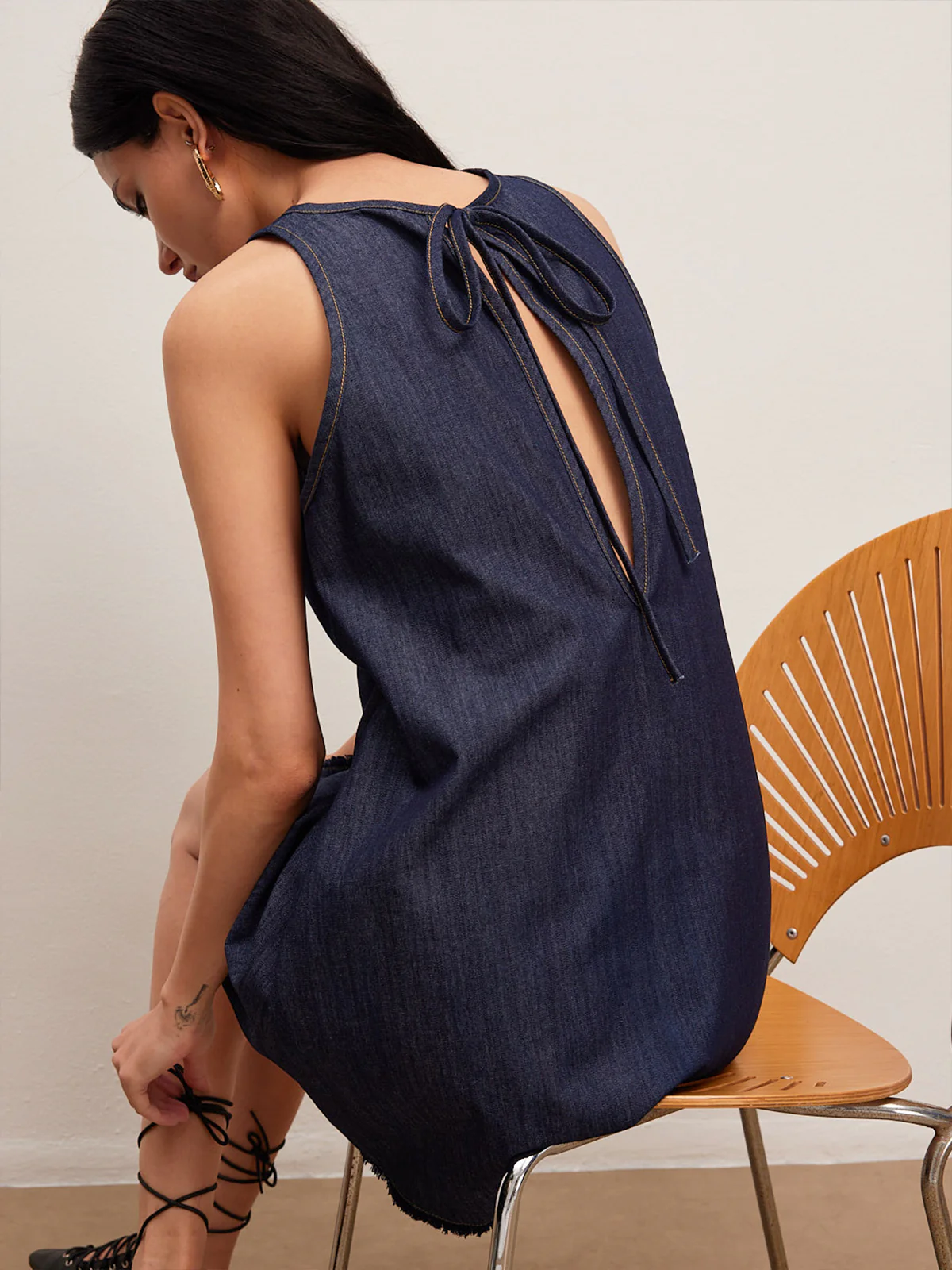 Back Tie Denim Dress - Image 3