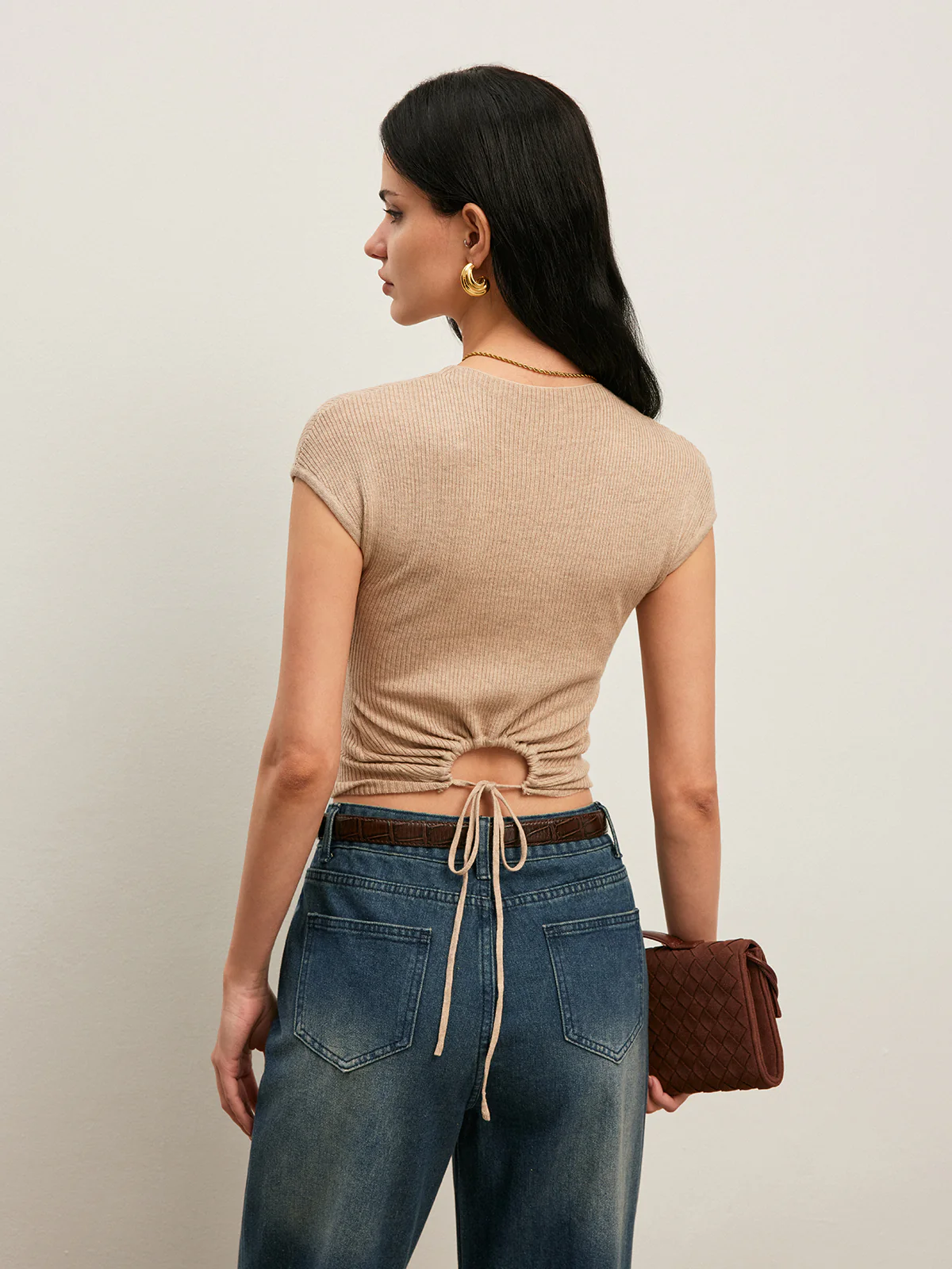 Back Tie Detail Ribbed T-Shirt - Image 5