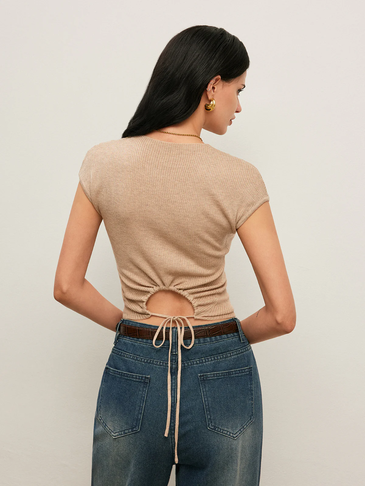 Back Tie Detail Ribbed T-Shirt - Image 6