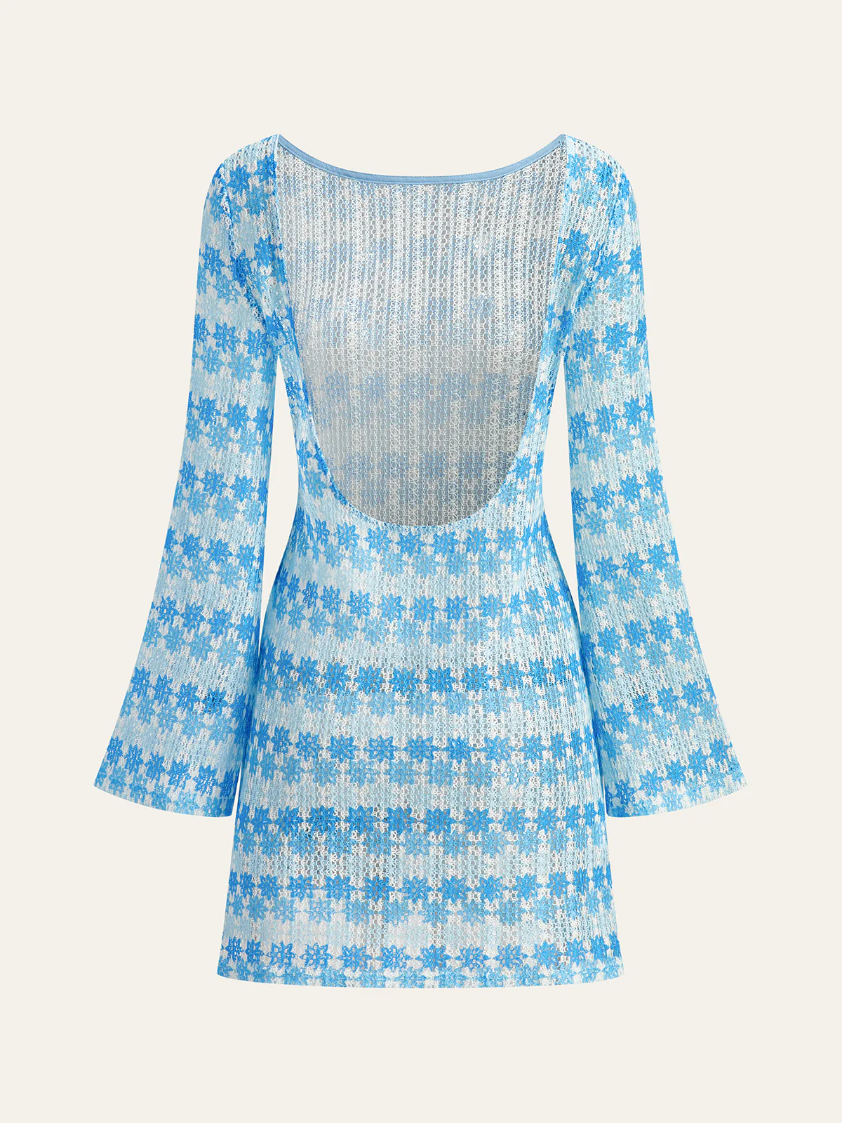 Semi-Sheer Backless Crochet Dress with Flared Sleeves - Image 2