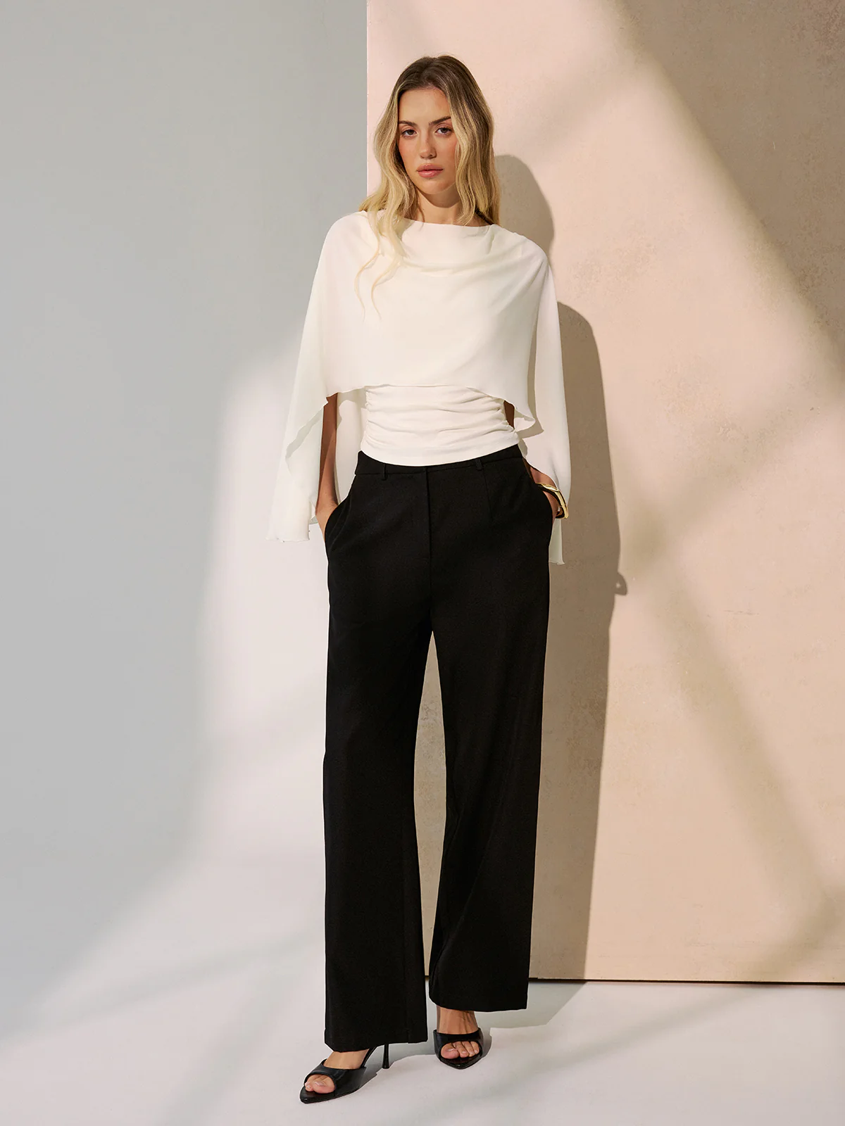 Backless Draped Cape-Sleeve Blouse - Image 4