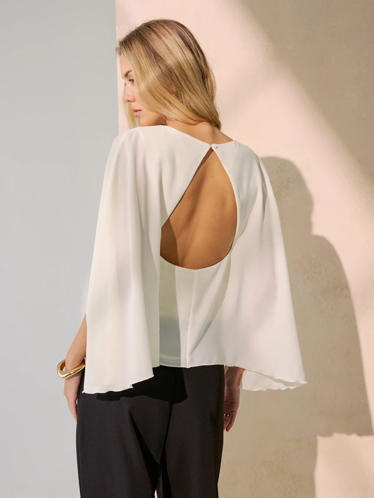 Backless Draped Cape-Sleeve Blouse - Image 6