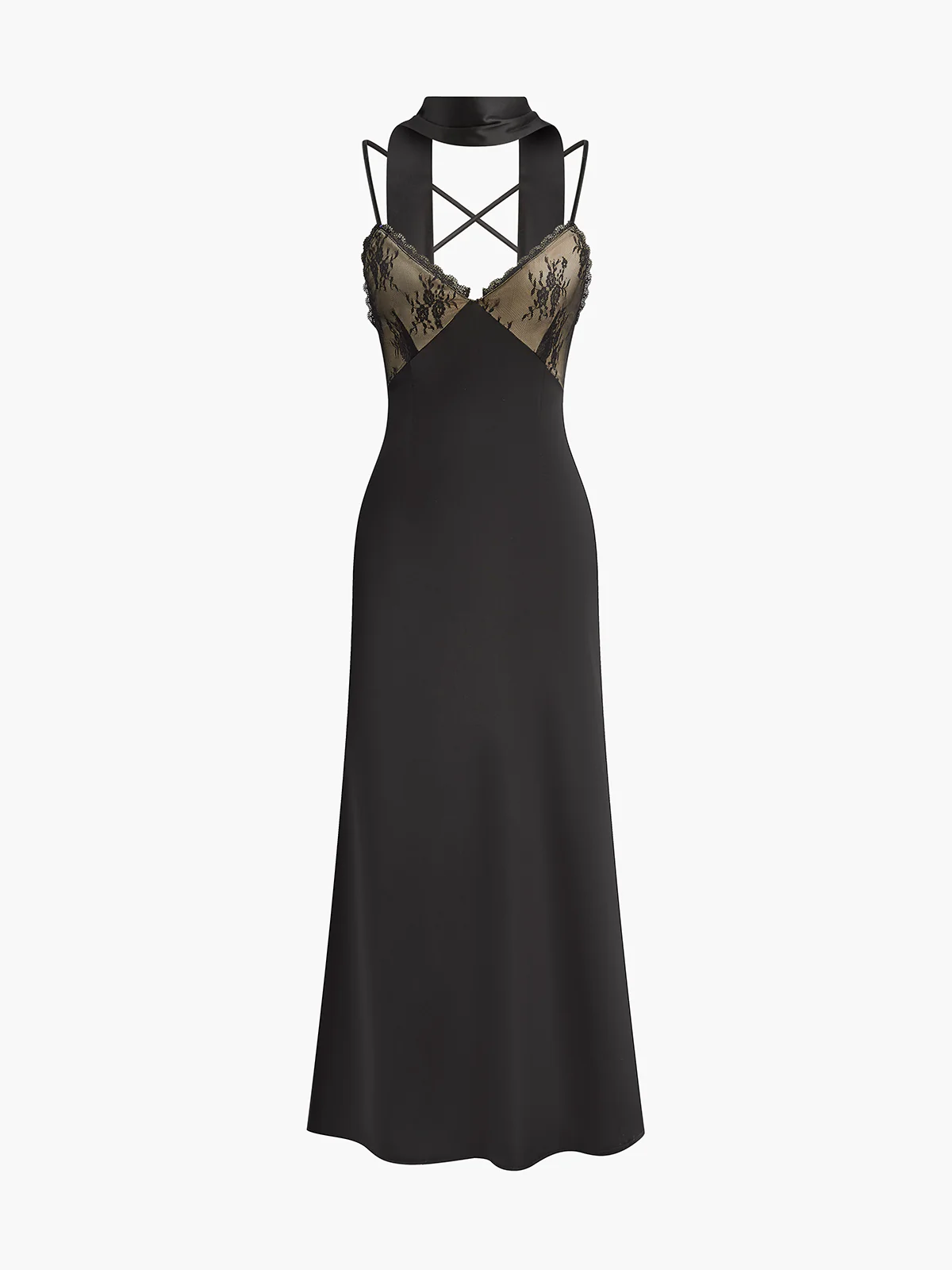 Backless Long-Ribbon Lace Panel Satin Cami Dress