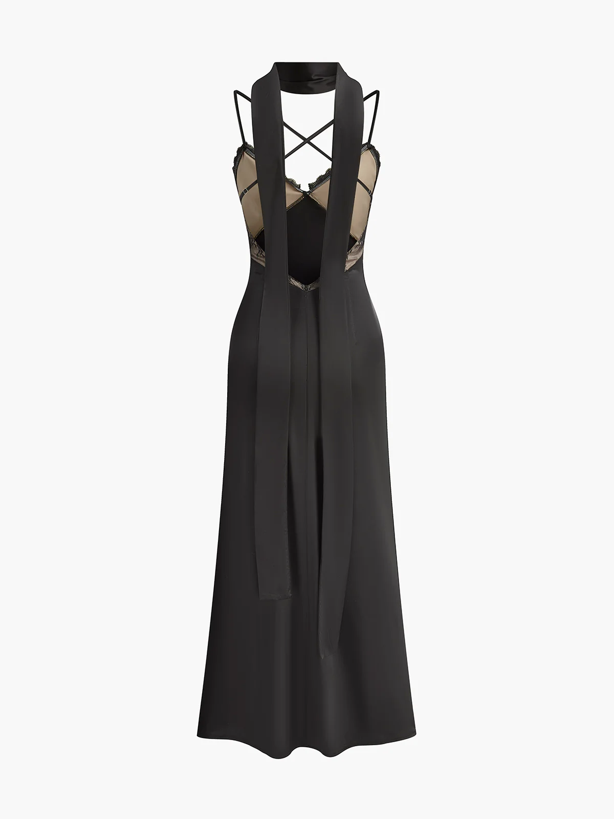 Backless Long-Ribbon Lace Panel Satin Cami Dress - Image 3