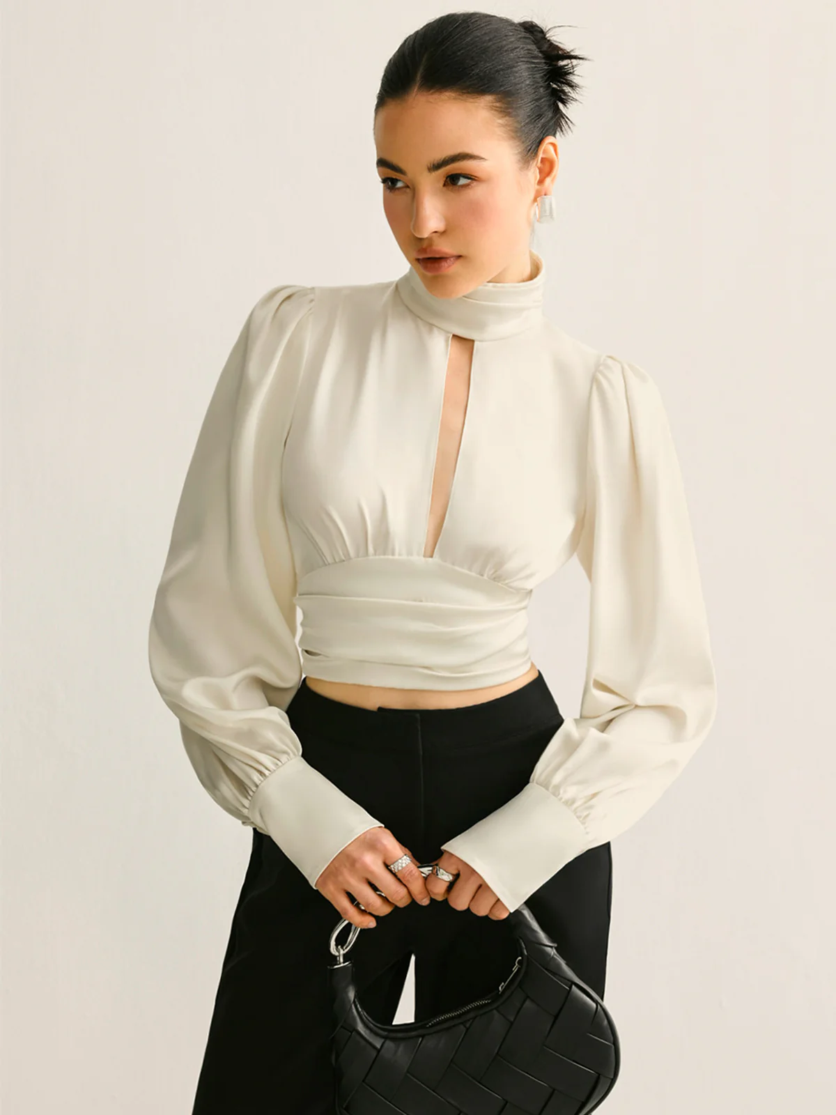 Backless Side Pleated Satin Blouse - Image 3