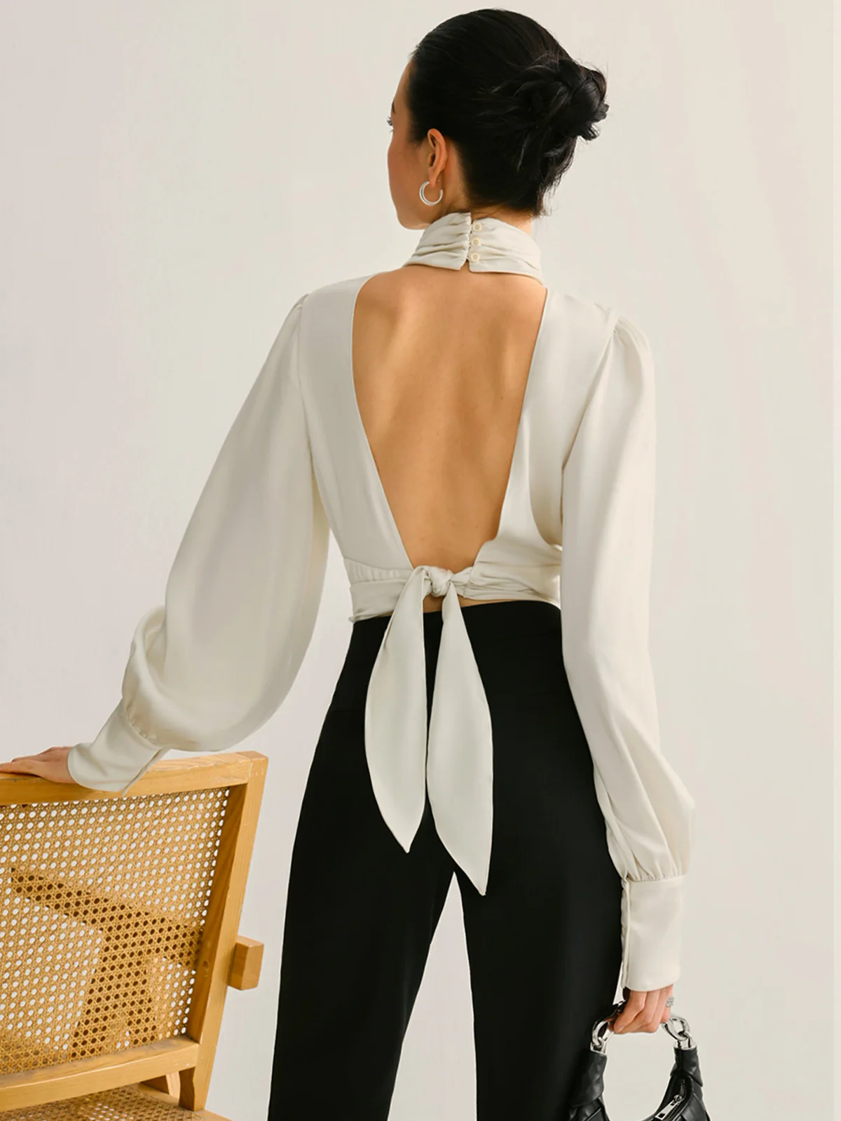 Backless Side Pleated Satin Blouse - Image 4